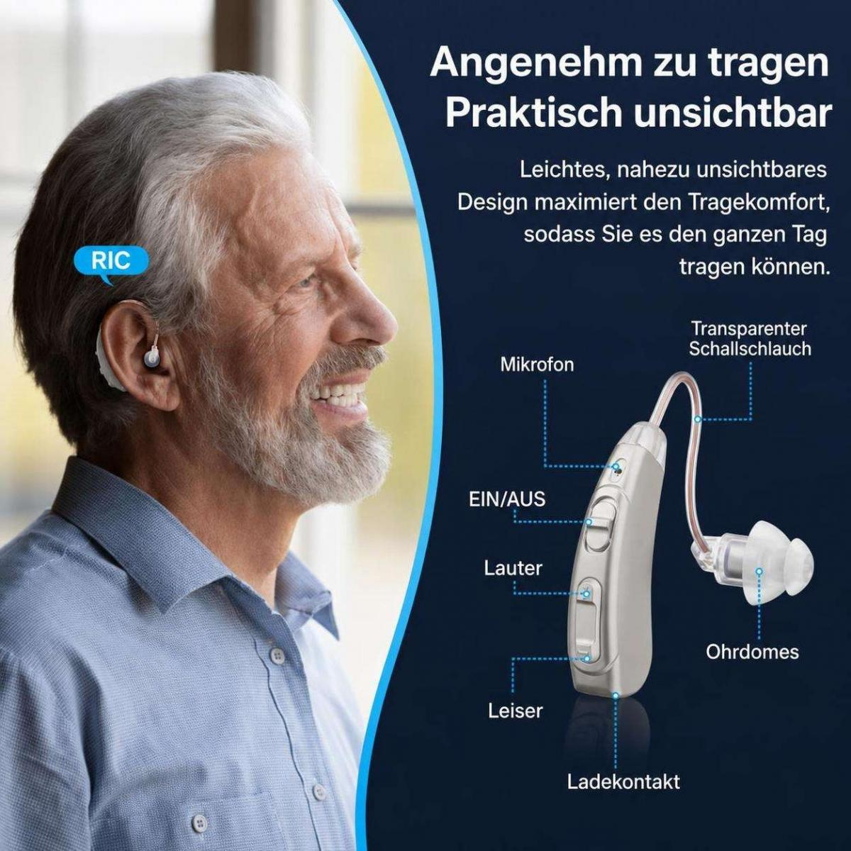 Senior trägt ein diskretes graues Hörgerät, Detailansicht zeigt die Bauteile auf blauem Hintergrund.