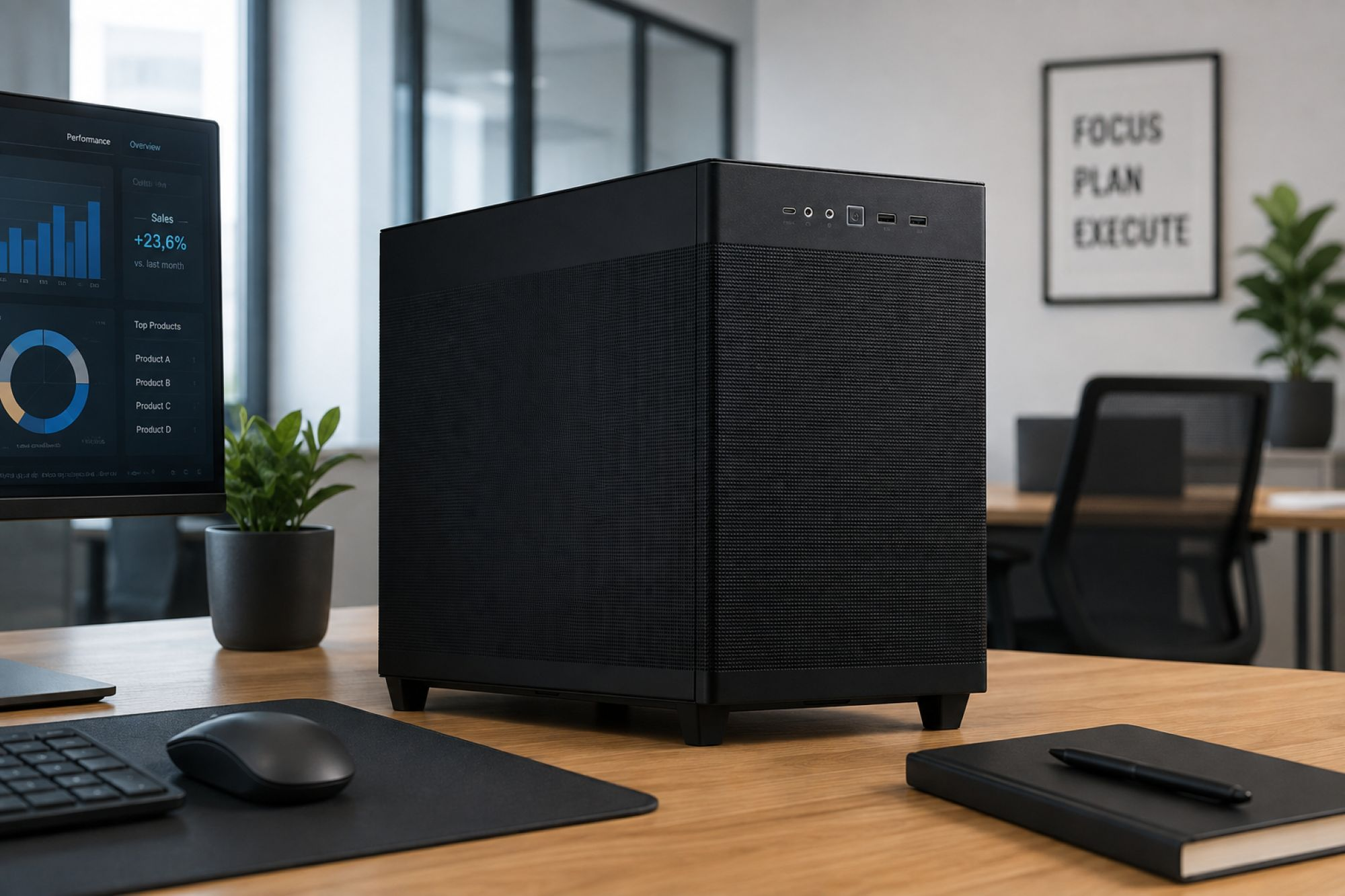 Ein schwarzes PC-Gehäuse steht auf einem Holztisch mit Monitor, Maus, Tastatur und Notizbuch im Büro.