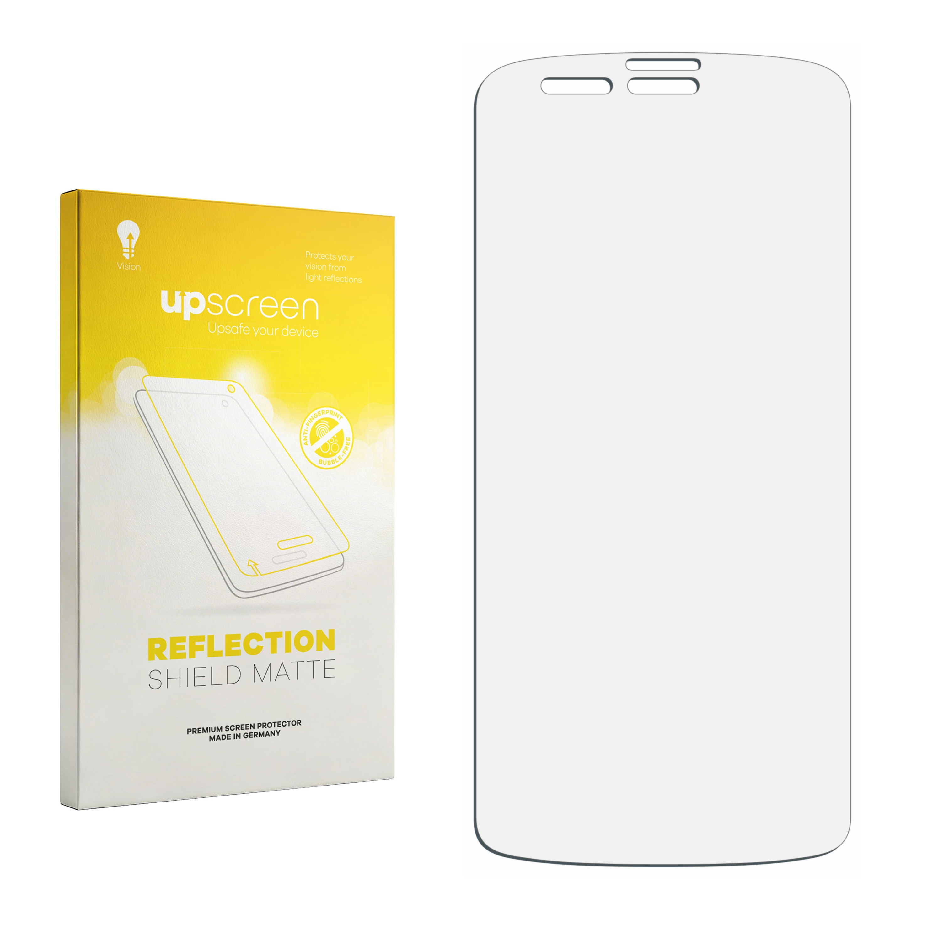 Upscreen matte Displayschutzfolie mit gelb-weißer Verpackung.