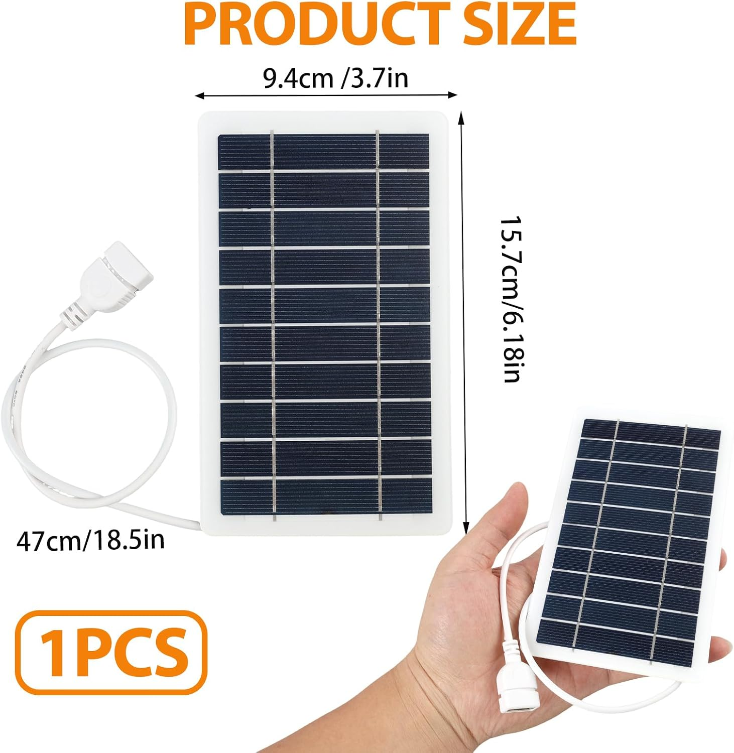 Ein kleiner Solarpanel mit Maßen, weißem Rahmen, Kabel und Hand für den Größenvergleich.