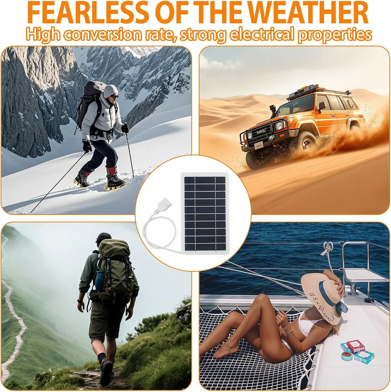 Solarpanel im Zentrum zeigt Eignung für Schnee, Wüste, Berge und das Meer.