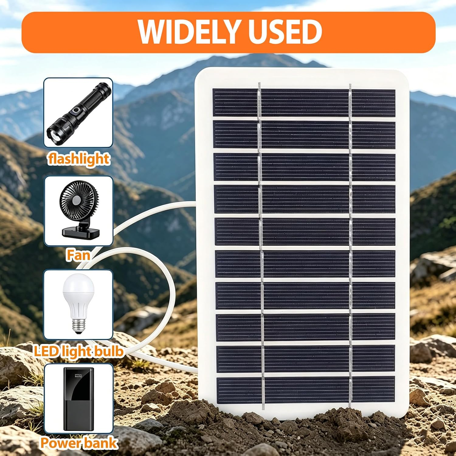 Ein tragbares Solarpanel steht auf einem Berg mit Icons für eine Taschenlampe, einen Ventilator, eine Glühbirne und Powerbank.
