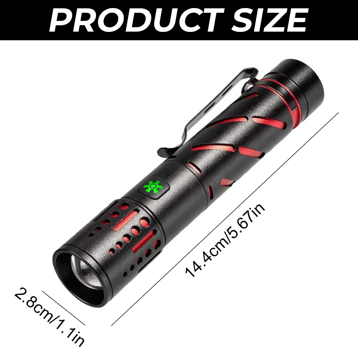 Schwarze und rote Taschenlampe mit Clip, 14,4 cm lang und 2,8 cm breit.