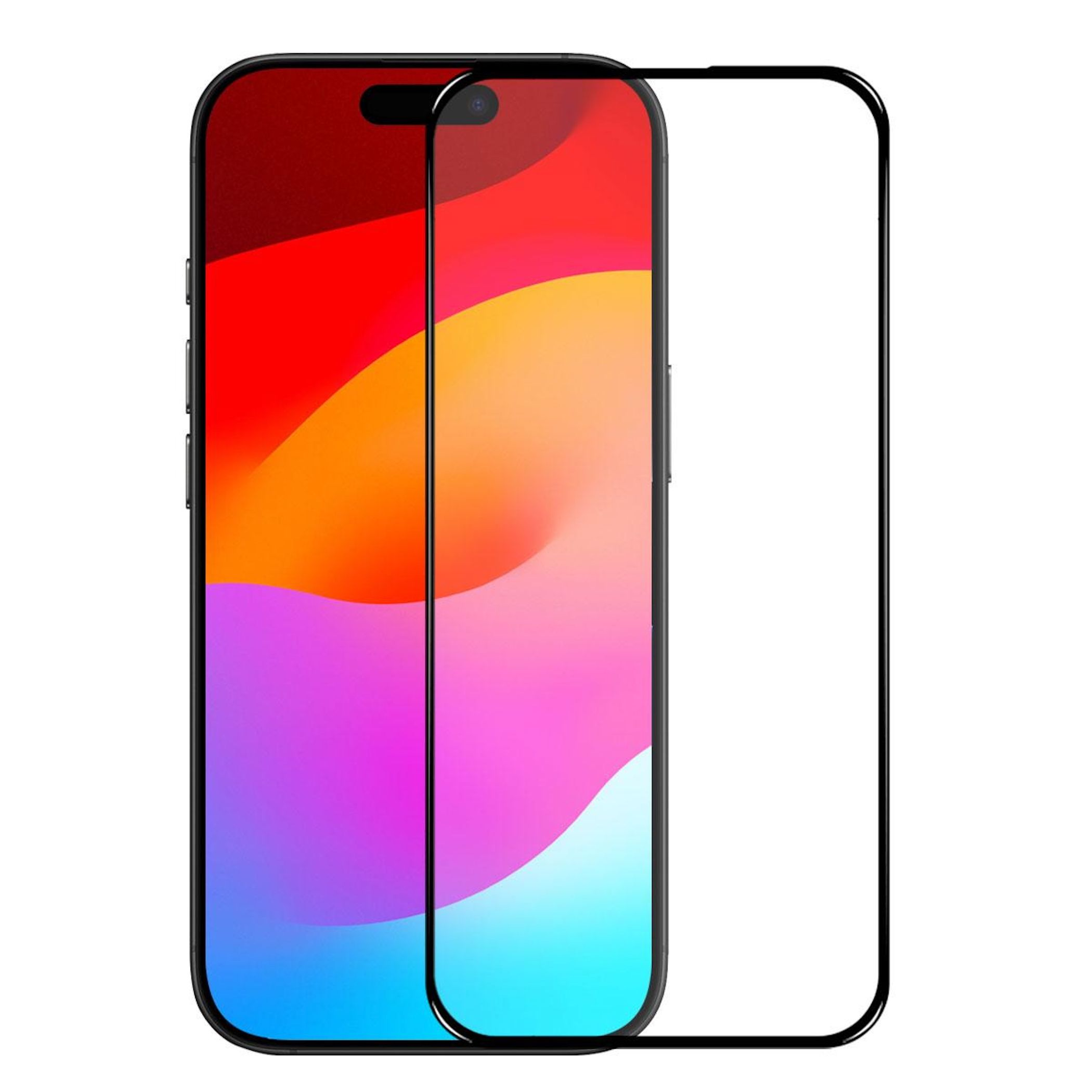 Schwarzes Smartphone mit buntem Display und separatem schwarzen Displayschutz daneben.