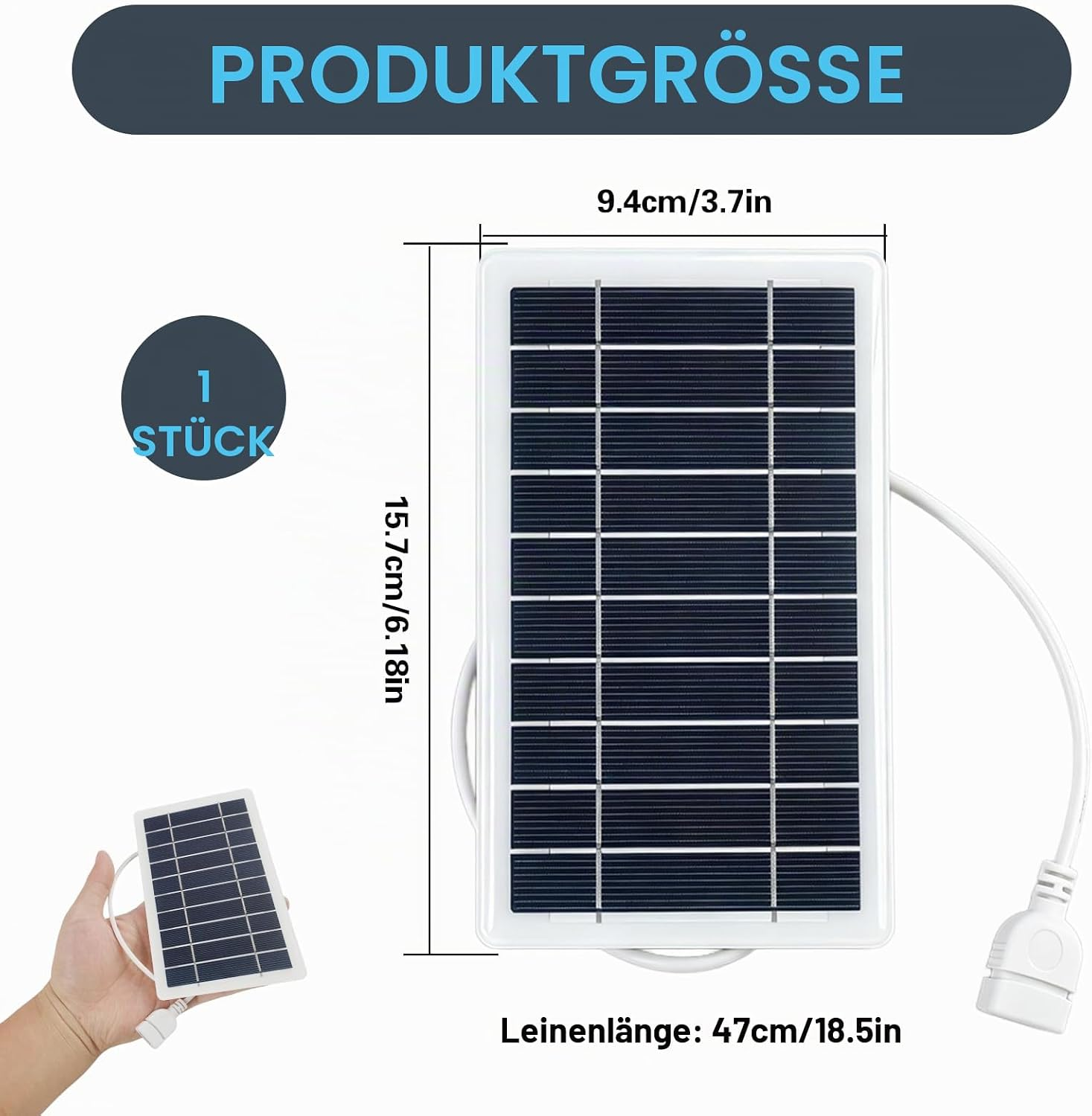 Diagramm zeigt die Produktgröße eines kleinen Solarpanels mit Maßen von 9.4cm x 15.7cm.