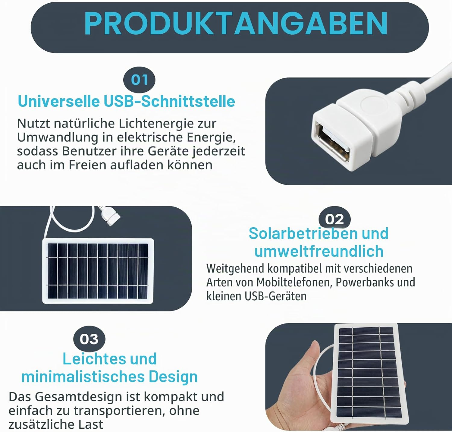 Produktangaben für ein leichtes, umweltfreundliches Solarpanel mit USB-Schnittstelle.
