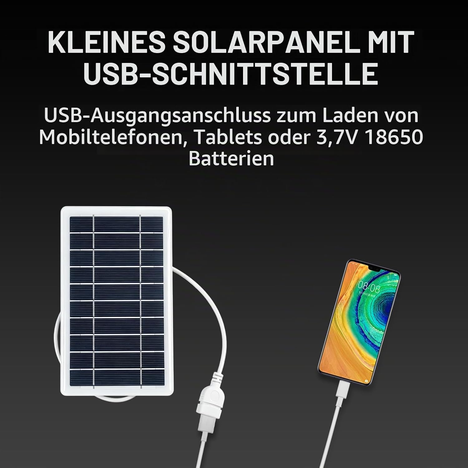 Kleines Solarpanel mit USB-Schnittstelle zum Laden von Mobiltelefonen und anderen Geräten.