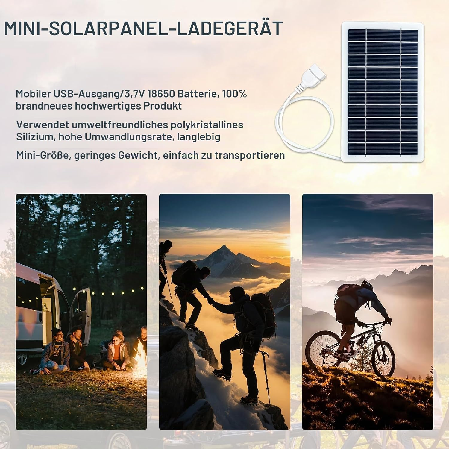 Mini-Solarpanel mit USB-Kabel oben, unten Fotos von Camping, Bergsteigen und Mountainbiken.