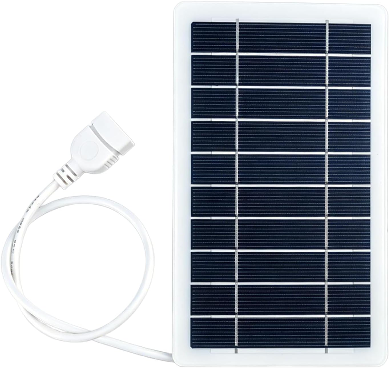 Kleines schwarzes Solarmodul mit weißem Rahmen und angeschlossenem weißem Kabel mit Stecker.