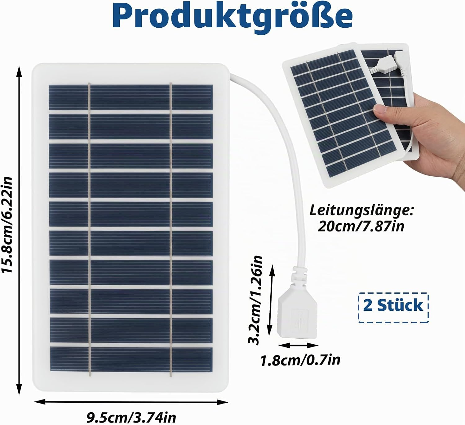 Zwei kleine Solarpanels mit Abmessungen, Kabel und USB-Anschluss.