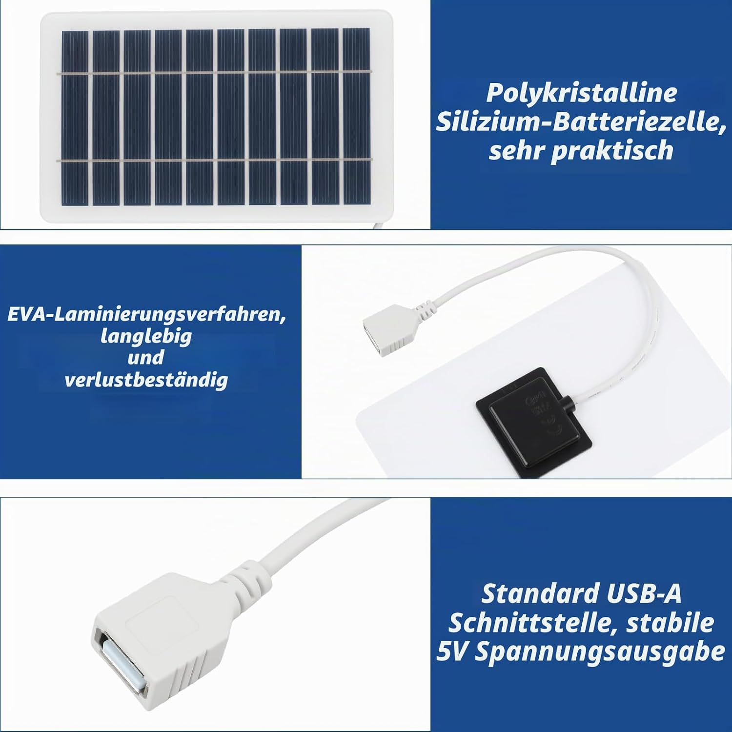 Kompaktes Solarpanel mit polykristalliner Siliziumzelle, USB-A-Kabel und deutscher Textbeschreibung.