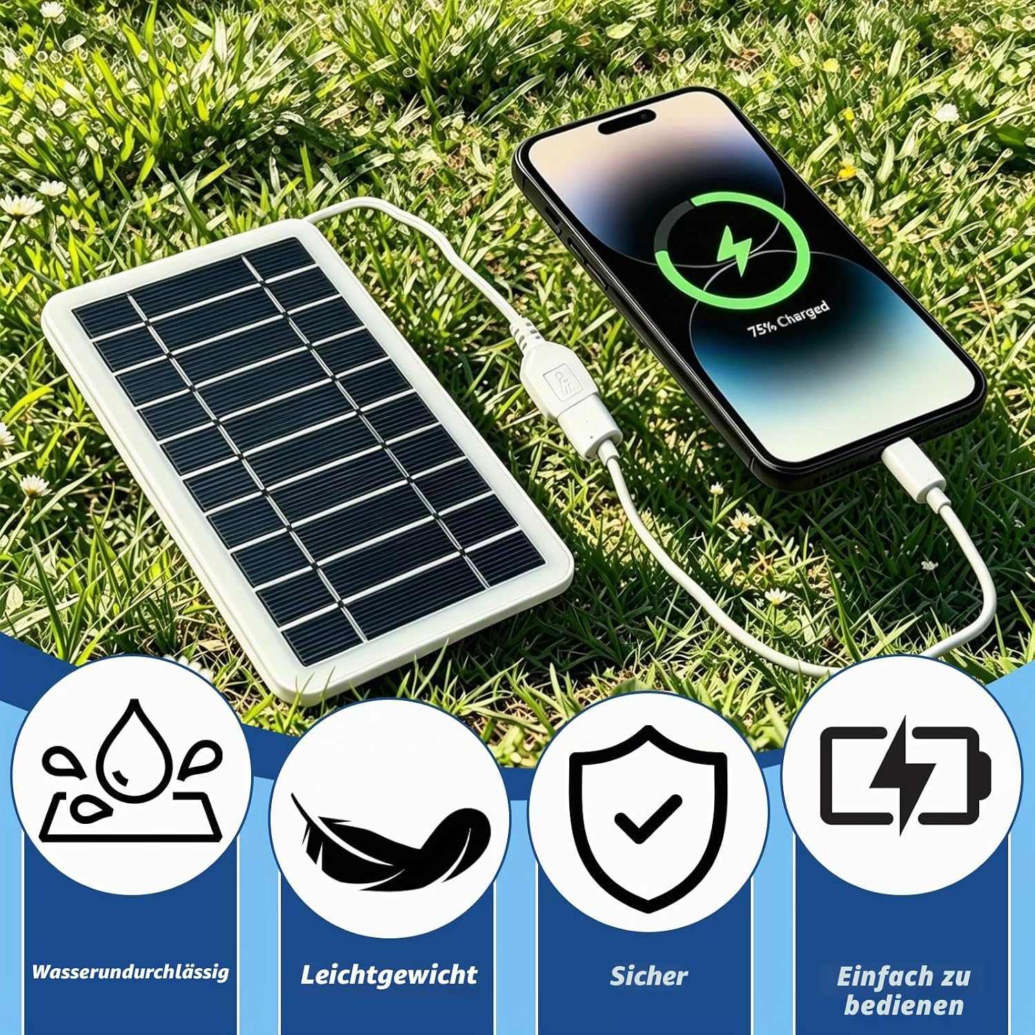 Ein kleines Solarpanel lädt ein Smartphone auf Gras, mit vier Symbolen für wasserdicht, leicht, sicher und einfache Bedienung.