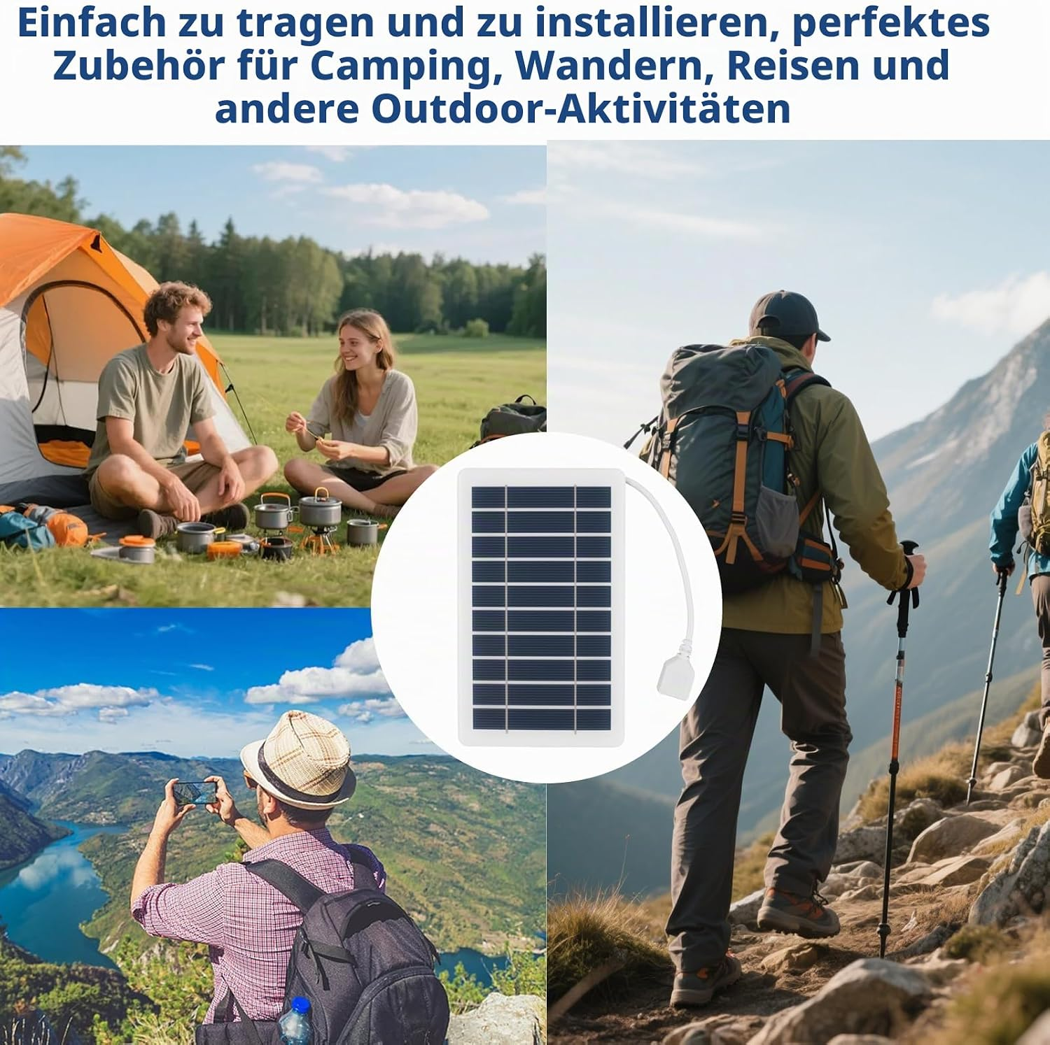 Kompaktes Solarmodul für Outdoor, Camping und Wandern, ideal zum Laden unterwegs.