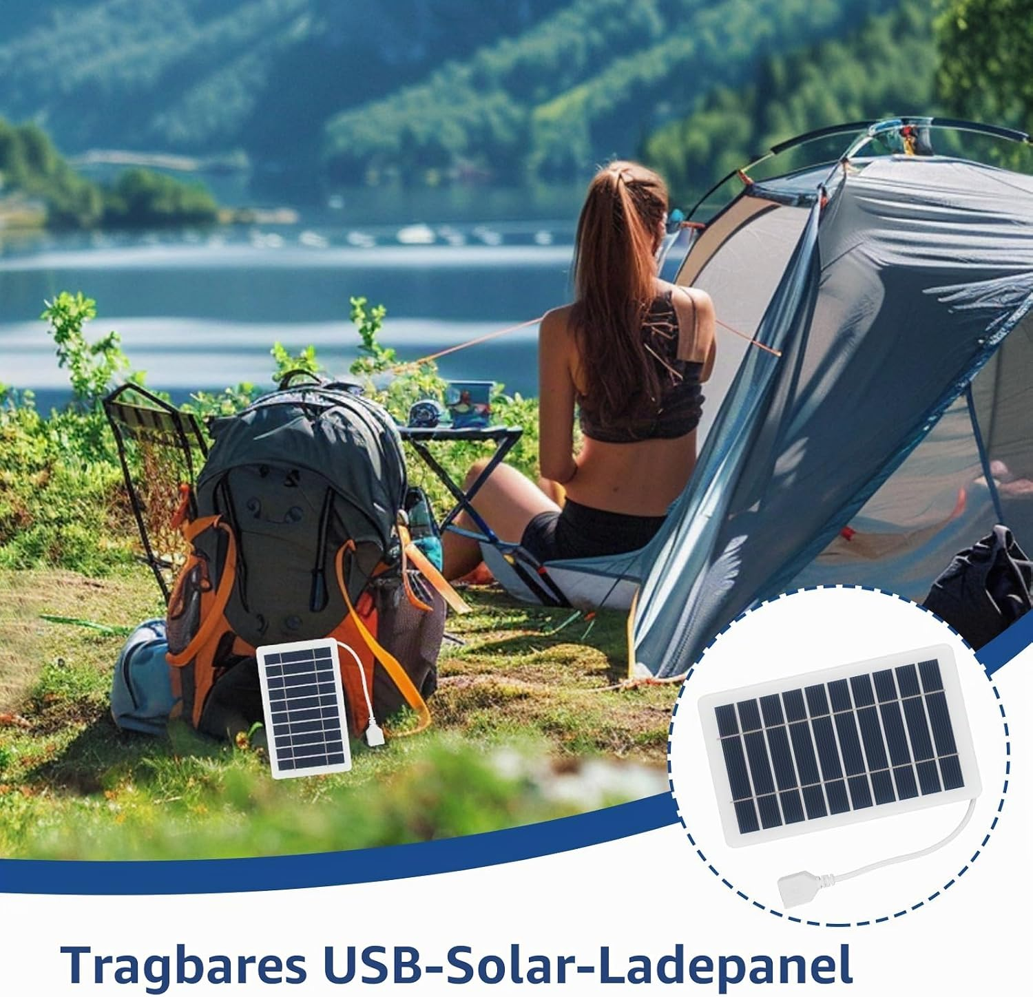 Ein tragbares Solarpanel liegt auf dem Gras neben Rucksack und Zelt, im Hintergrund See und Berge.