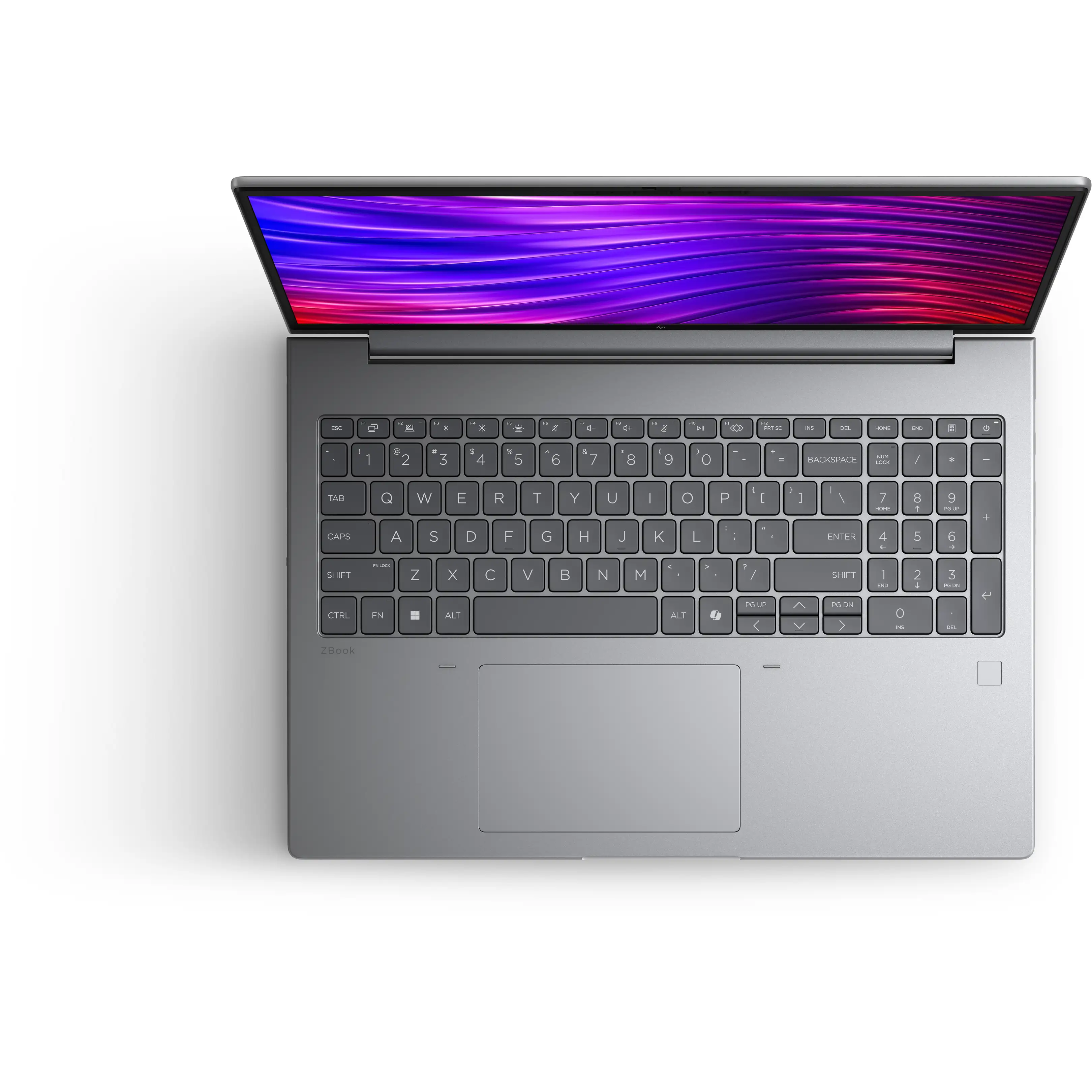 Vista dall'alto di un laptop grigio aperto con schermo viola astratto illuminato e tastierino numerico.