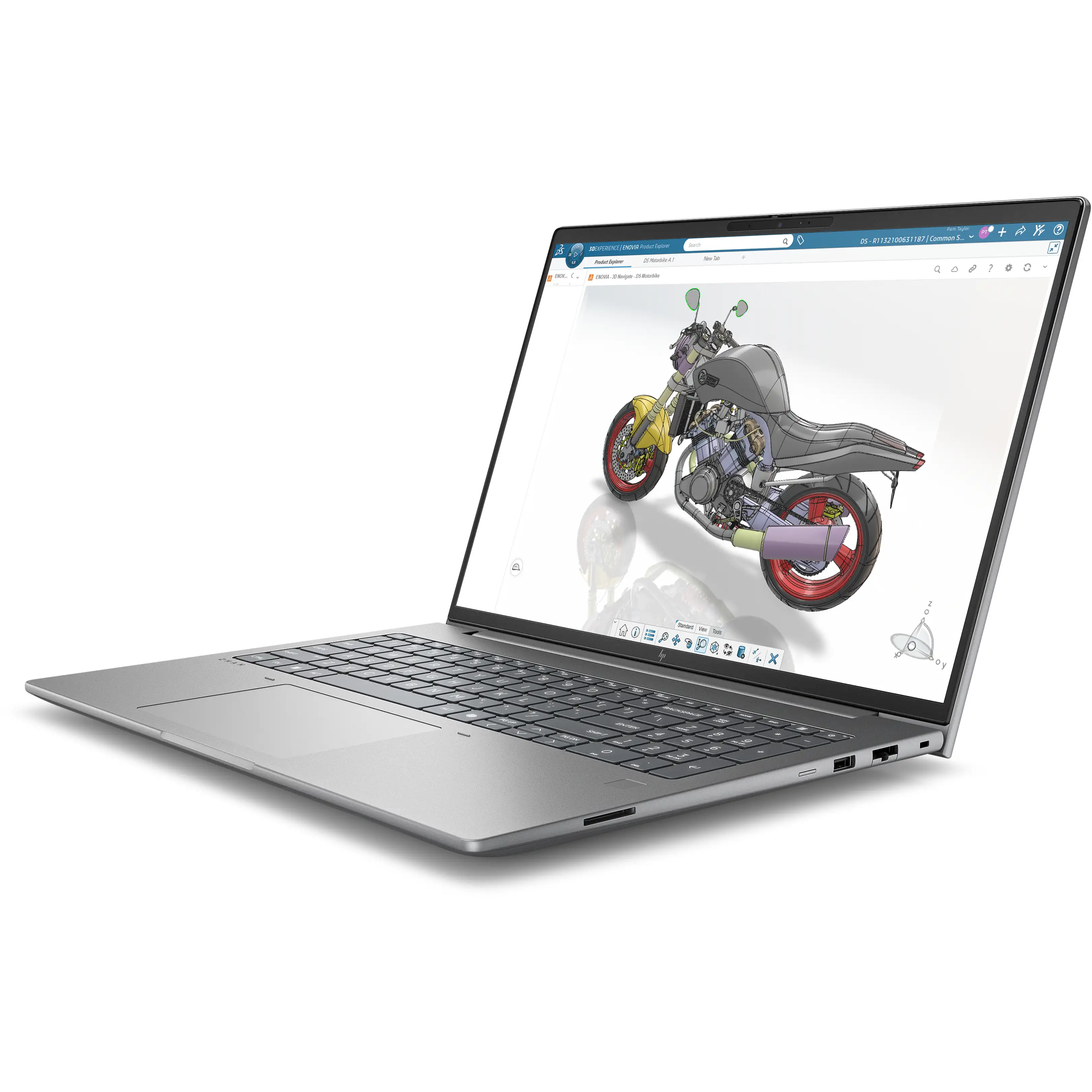 Un computer portatile argentato mostra un modello 3D di una moto.