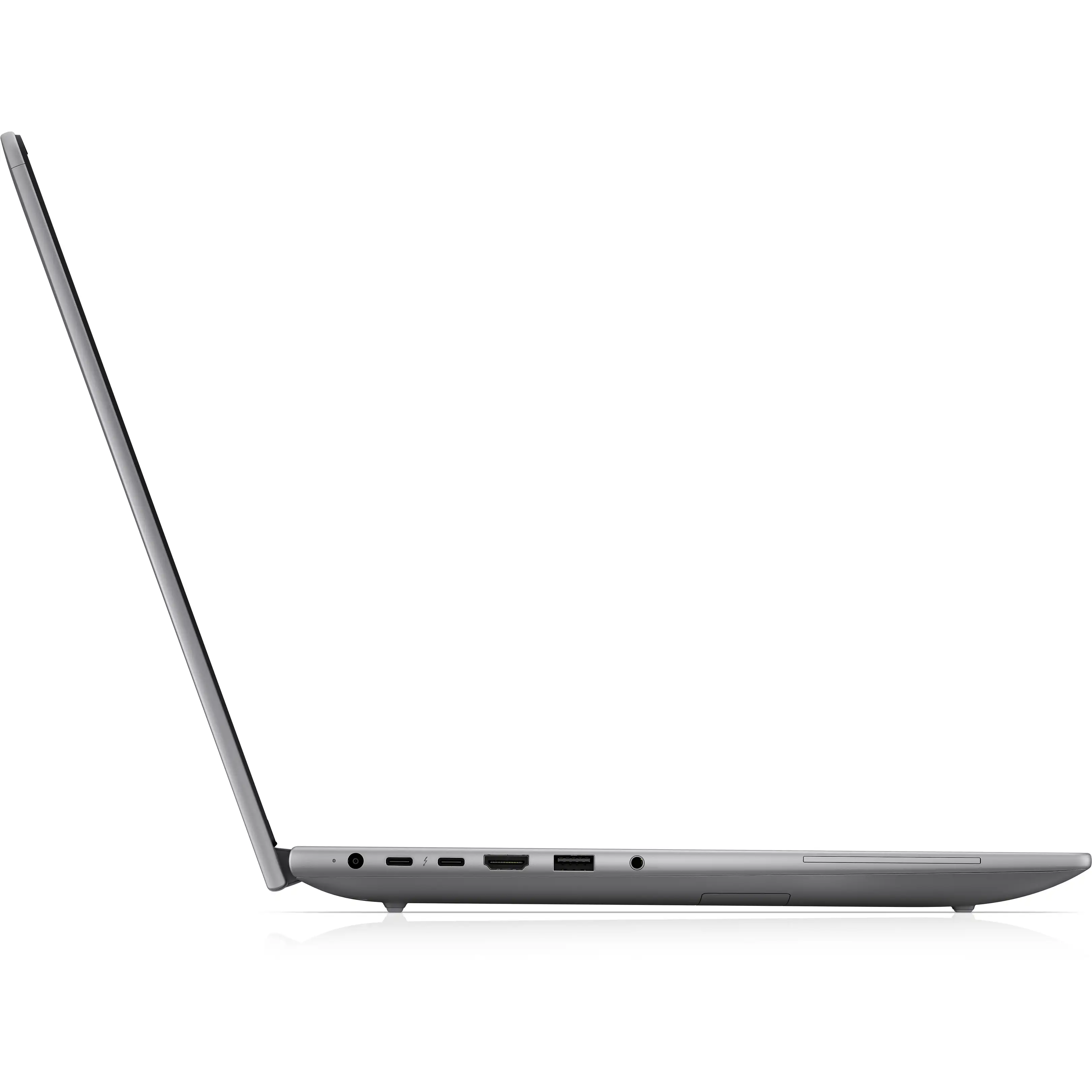 Vista laterale sinistra di un laptop argento con varie porte e schermo aperto.