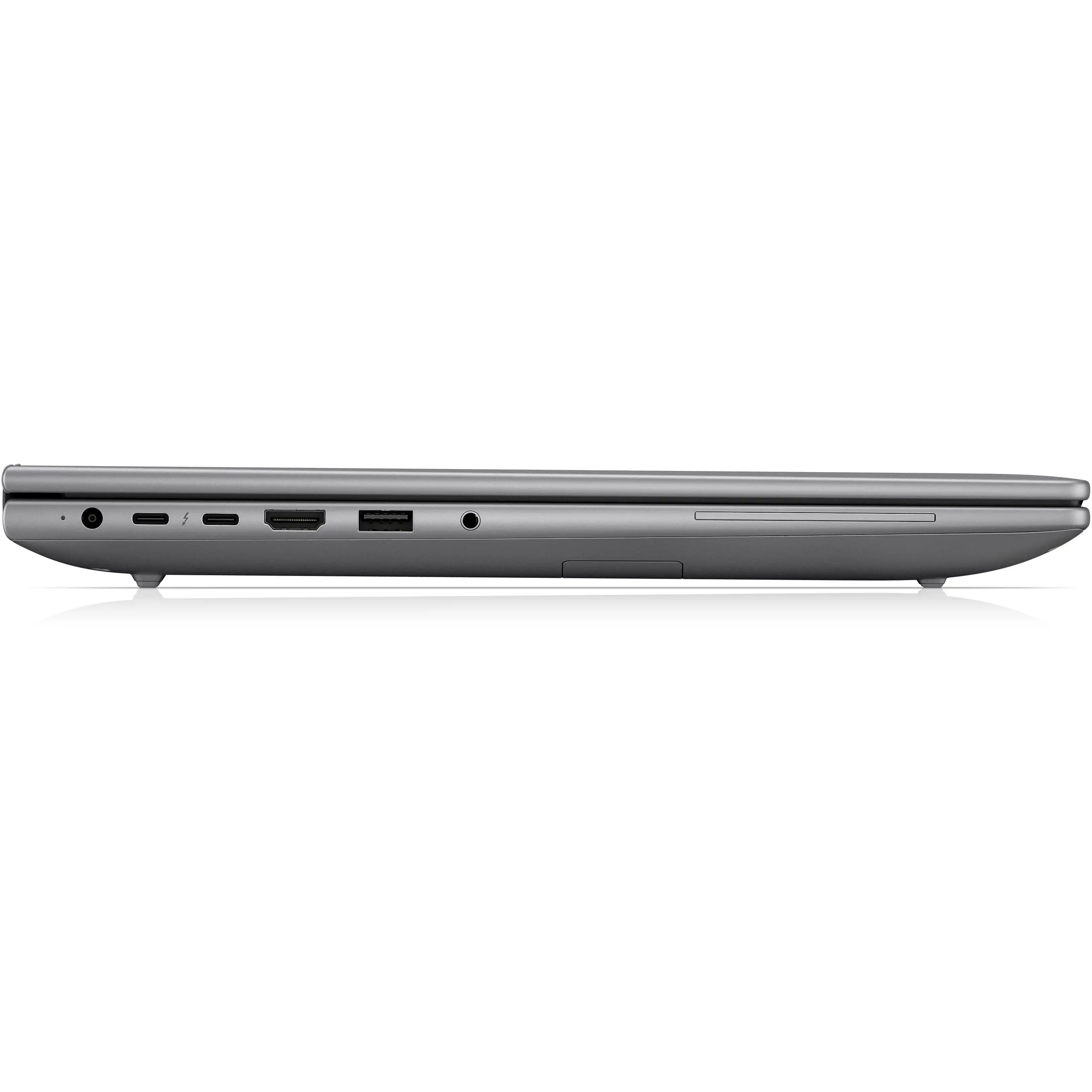 Vista laterale di un laptop grigio chiuso che mostra varie porte, tra cui USB-C, HDMI e audio.