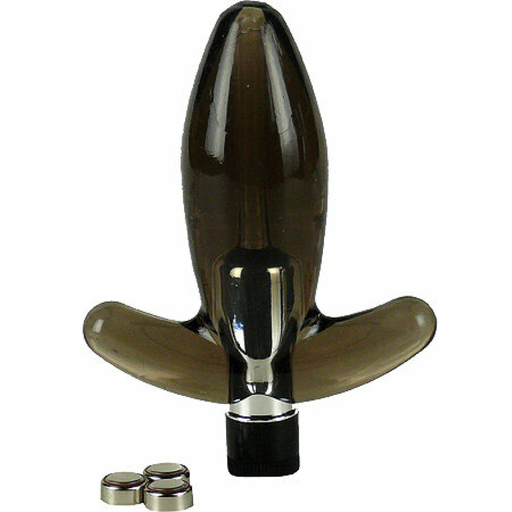 Ein schwarzer, durchscheinender Analkanalstecker mit Chrombasis und drei kleinen Knopfzellen im Vordergrund.
