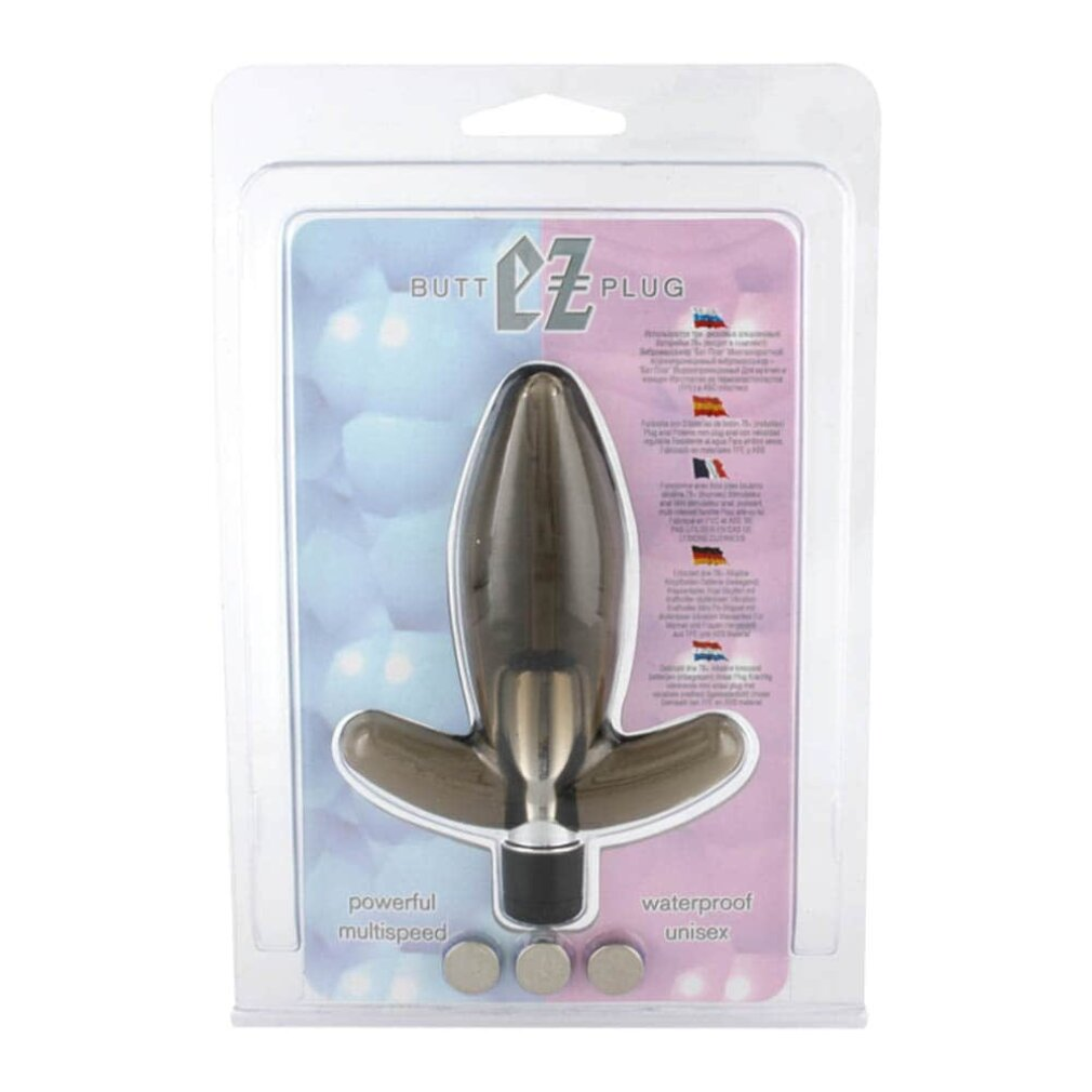 Verpackter grauer Plug mit breitem Griff, Kappen in Rosa und Blau.