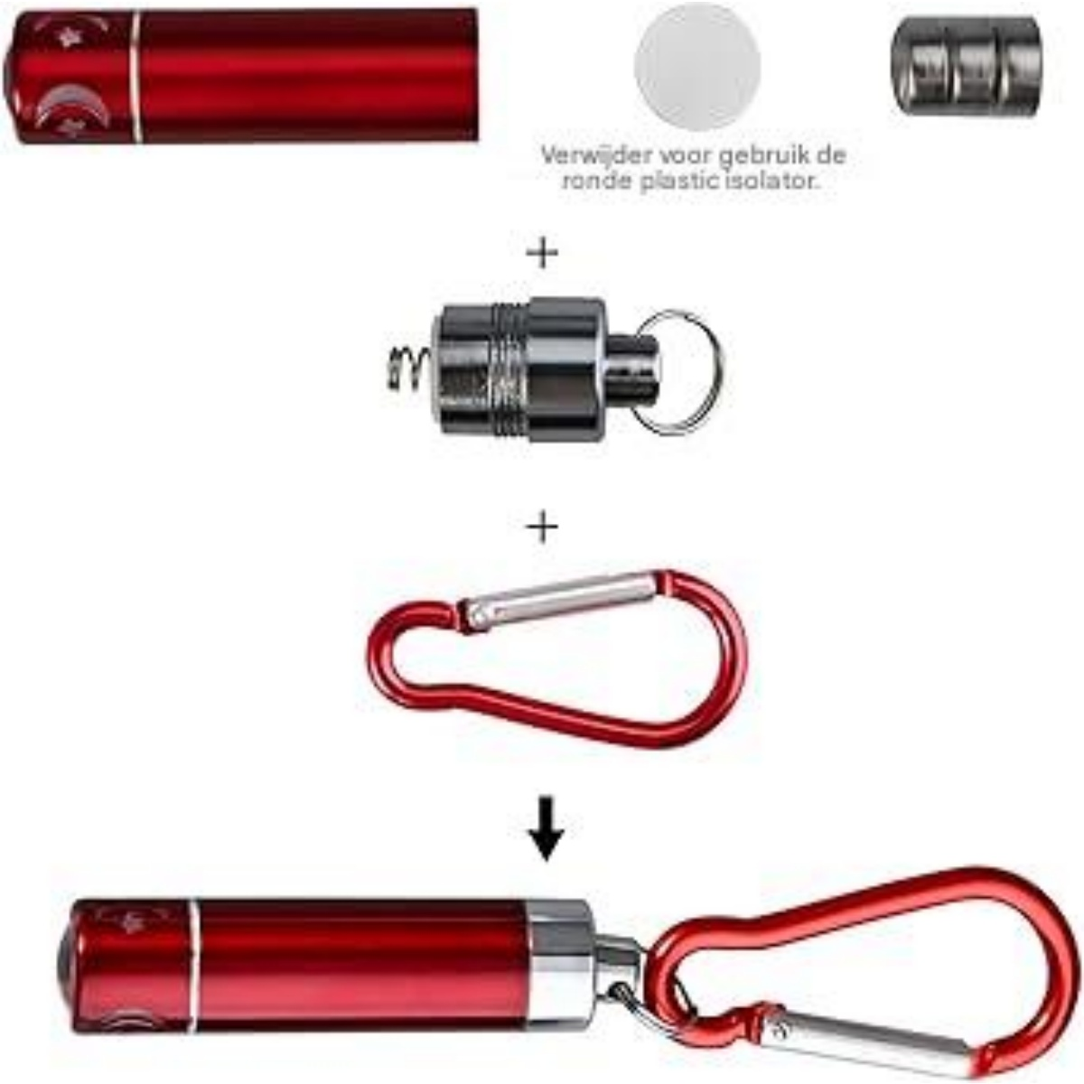 Zerlegter roter Zylinder mit Metallteilen, Batterieisolator und Karabiner.