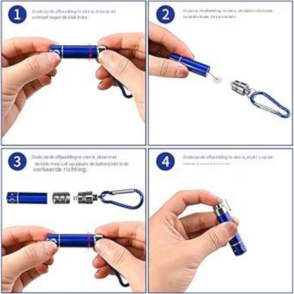 Vierstufige Anleitung zum Einlegen von Batterien in eine kleine blaue Taschenlampe mit Karabiner.