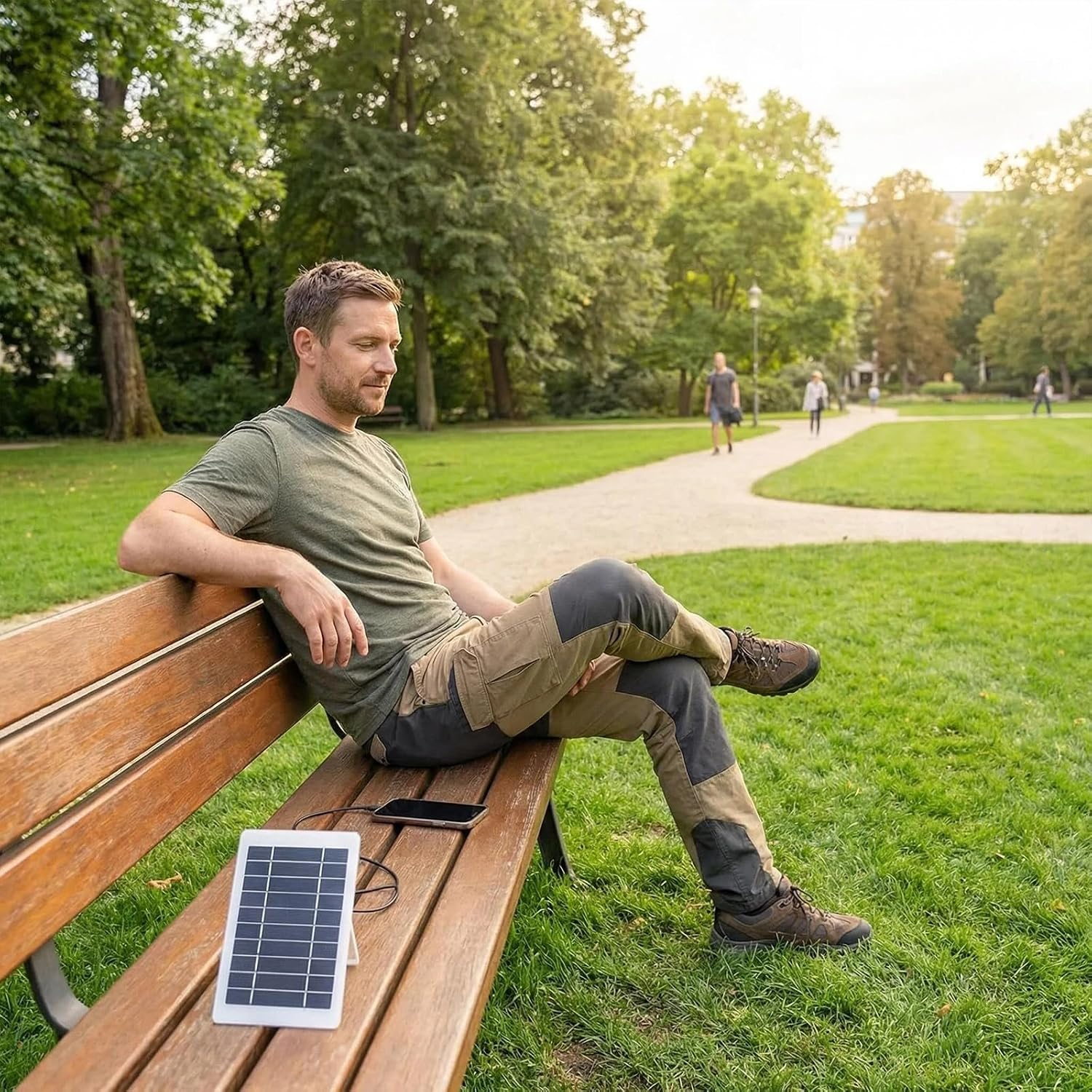 Ein Mann sitzt auf einer Parkbank, während sein Smartphone mit einem kleinen tragbaren Solarpanel geladen wird.