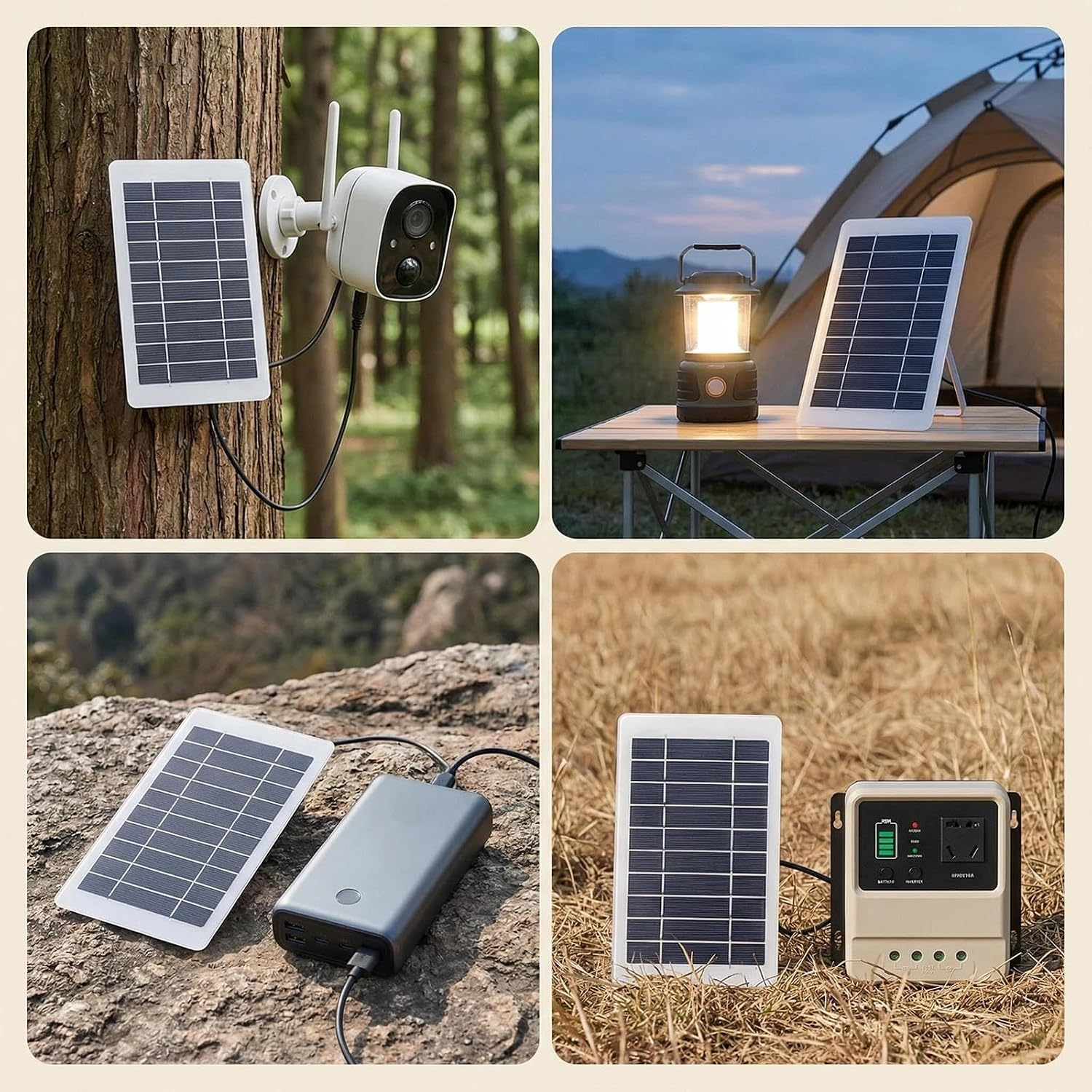 Vier Bilder zeigen Solarmodule, die eine Sicherheitskamera, eine Zeltlaterne, eine Powerbank und eine Powerstation laden.