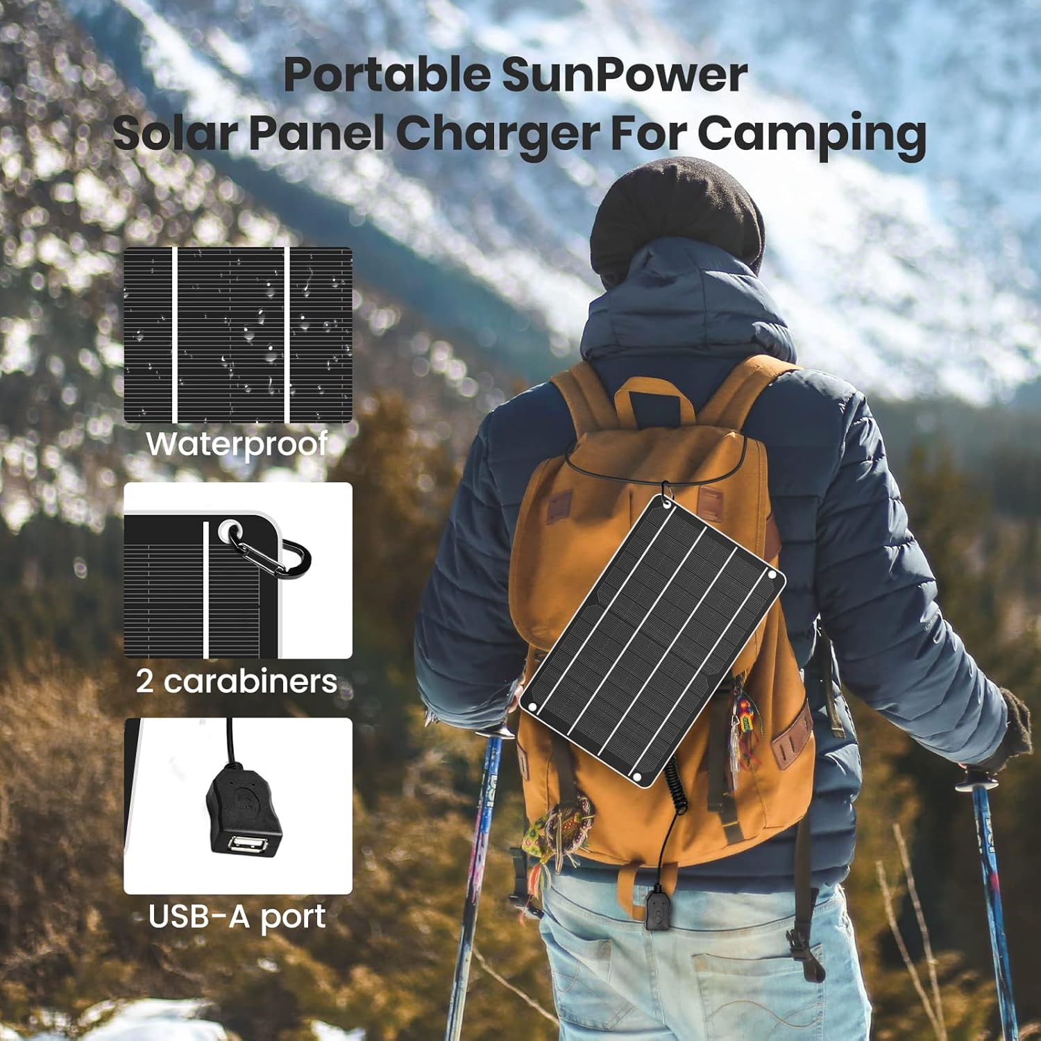 Wanderer mit Rucksack und tragbarem Solarpanel vor verschneiter Bergkulisse.
