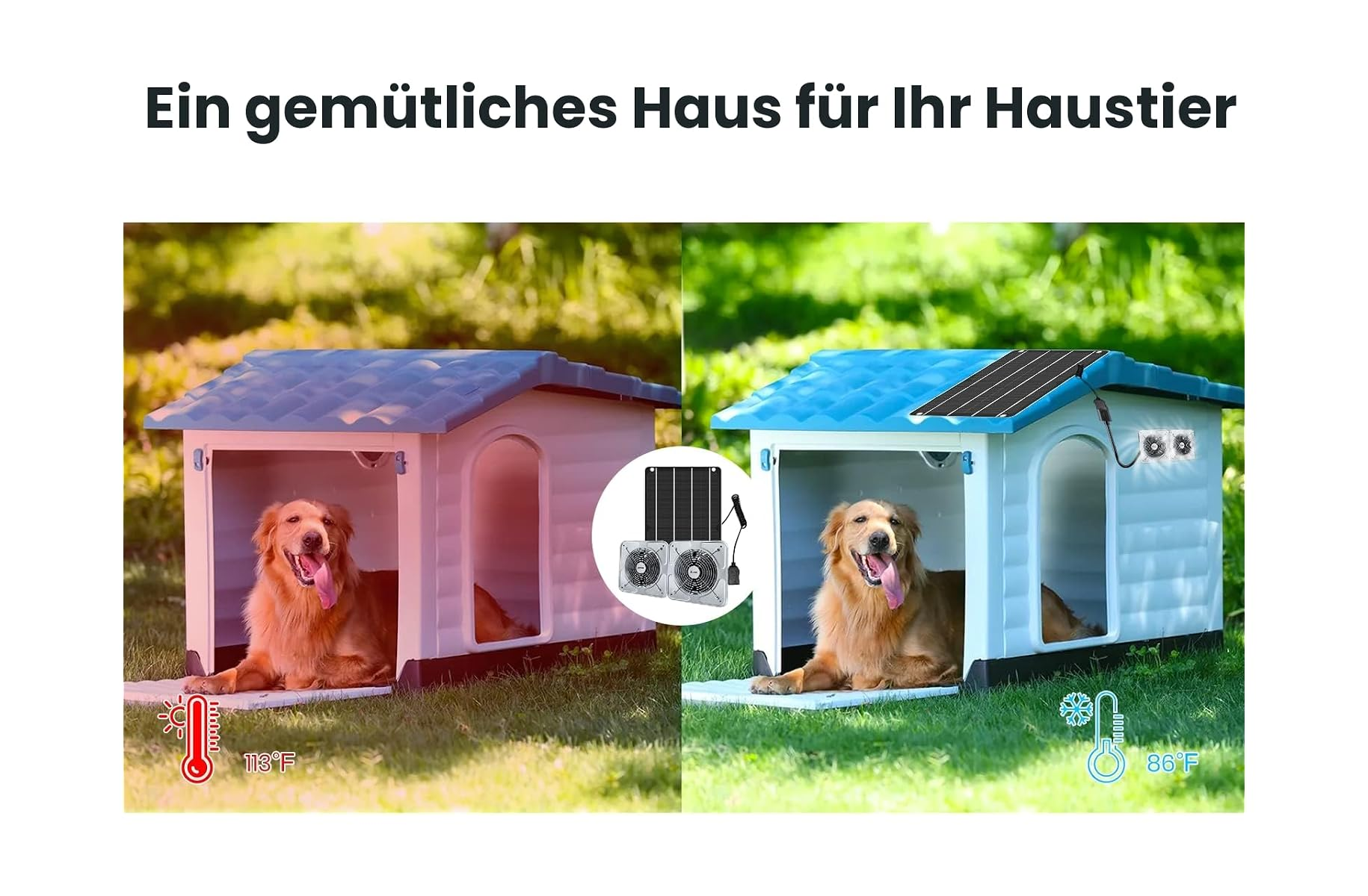 Vergleich zweier Hundehütten: Eine ohne Solar-Lüfter zeigt 113°F, die andere mit Solar-Lüfter kühlere 86°F.