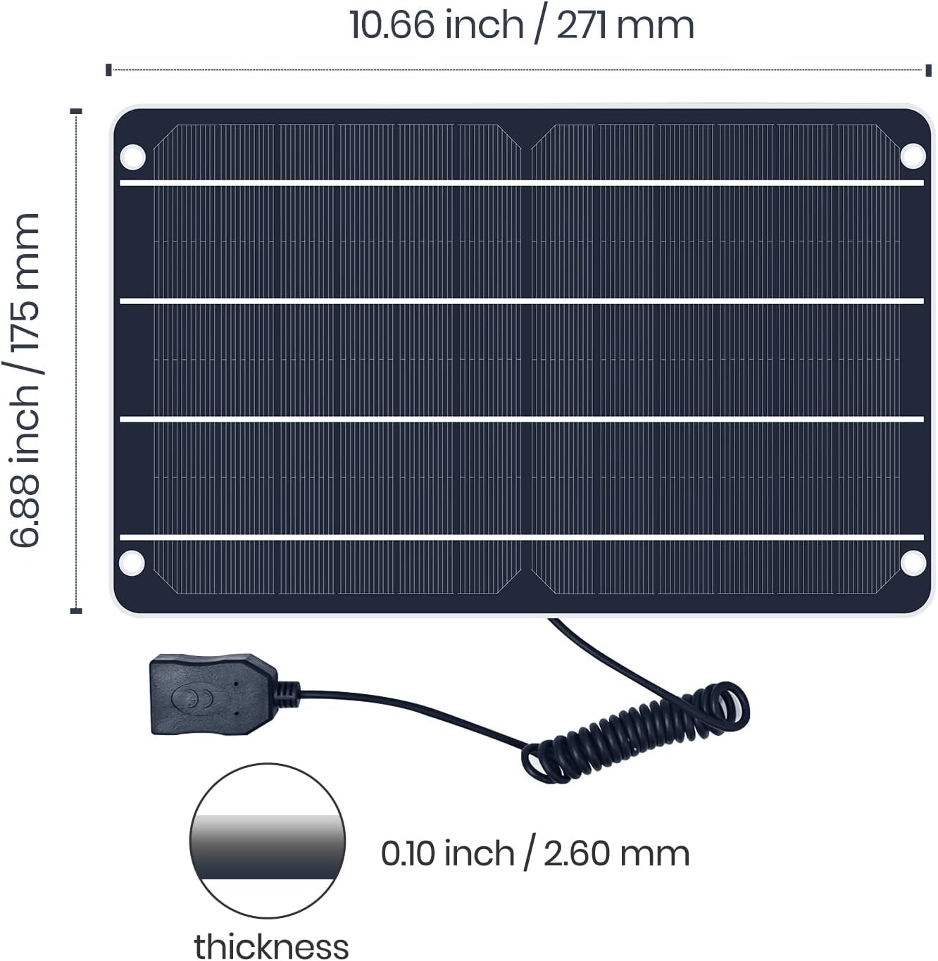 Ein rechteckiges Solarpanel mit den Maßen 271x175 mm und einem angeschlossenen Kabel.