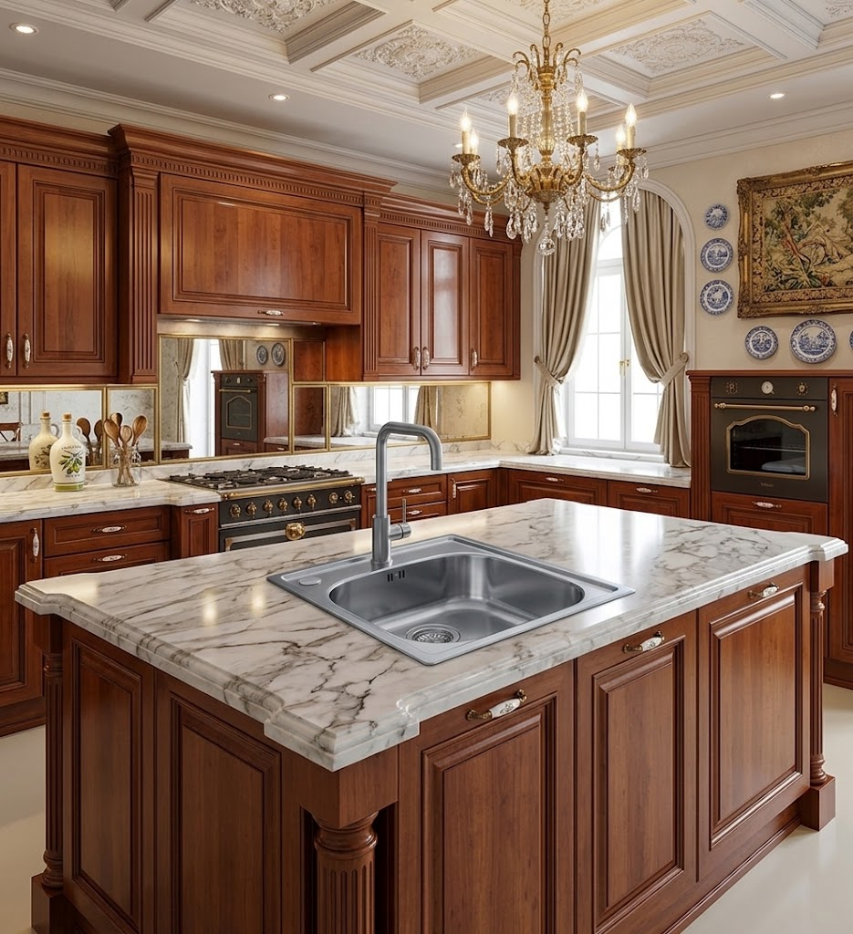 Cucina di lusso con mobili in legno, isola in marmo, lavello in acciaio inox e un grande lampadario.