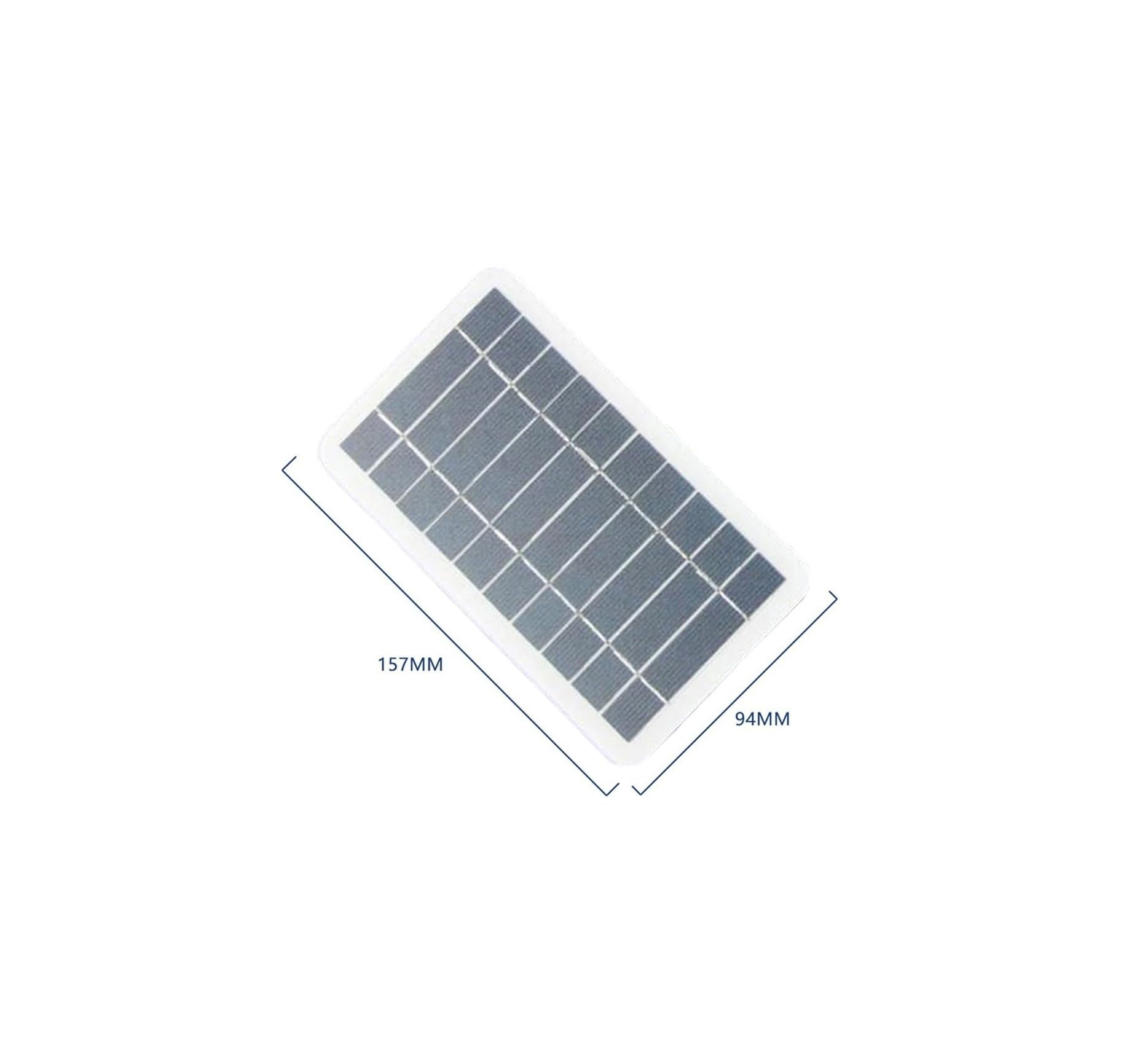 Kleines graues Solarmodul mit Maßen 157mm mal 94mm auf weißem Hintergrund.