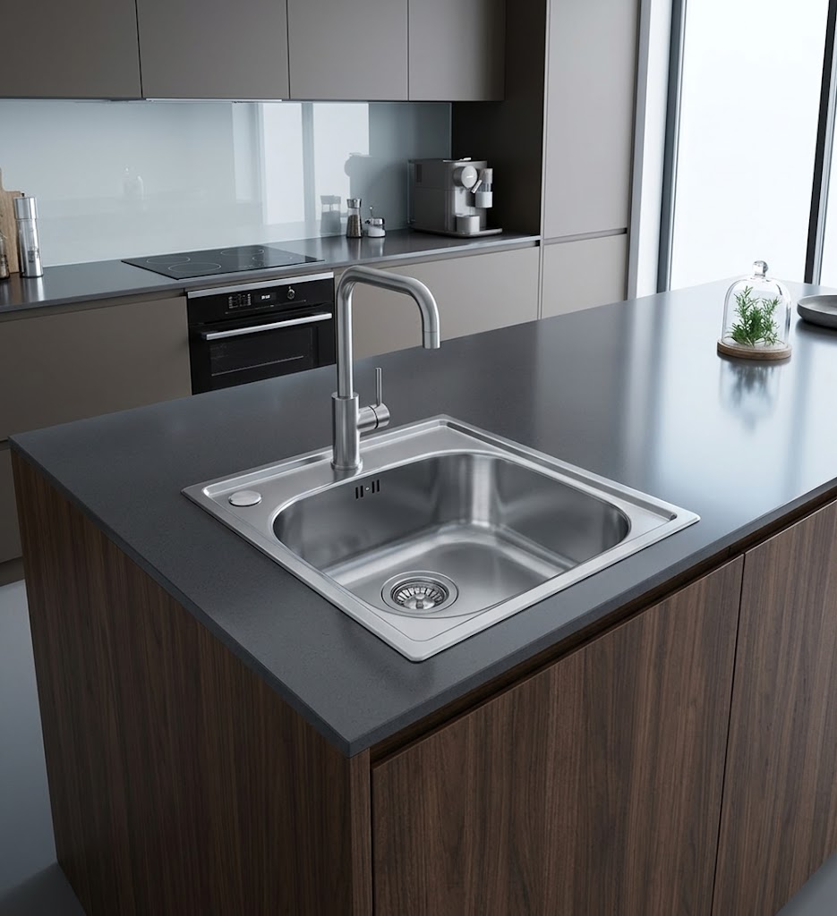 Cucina moderna con isola in legno scuro, lavello in acciaio inossidabile e rubinetto in primo piano.