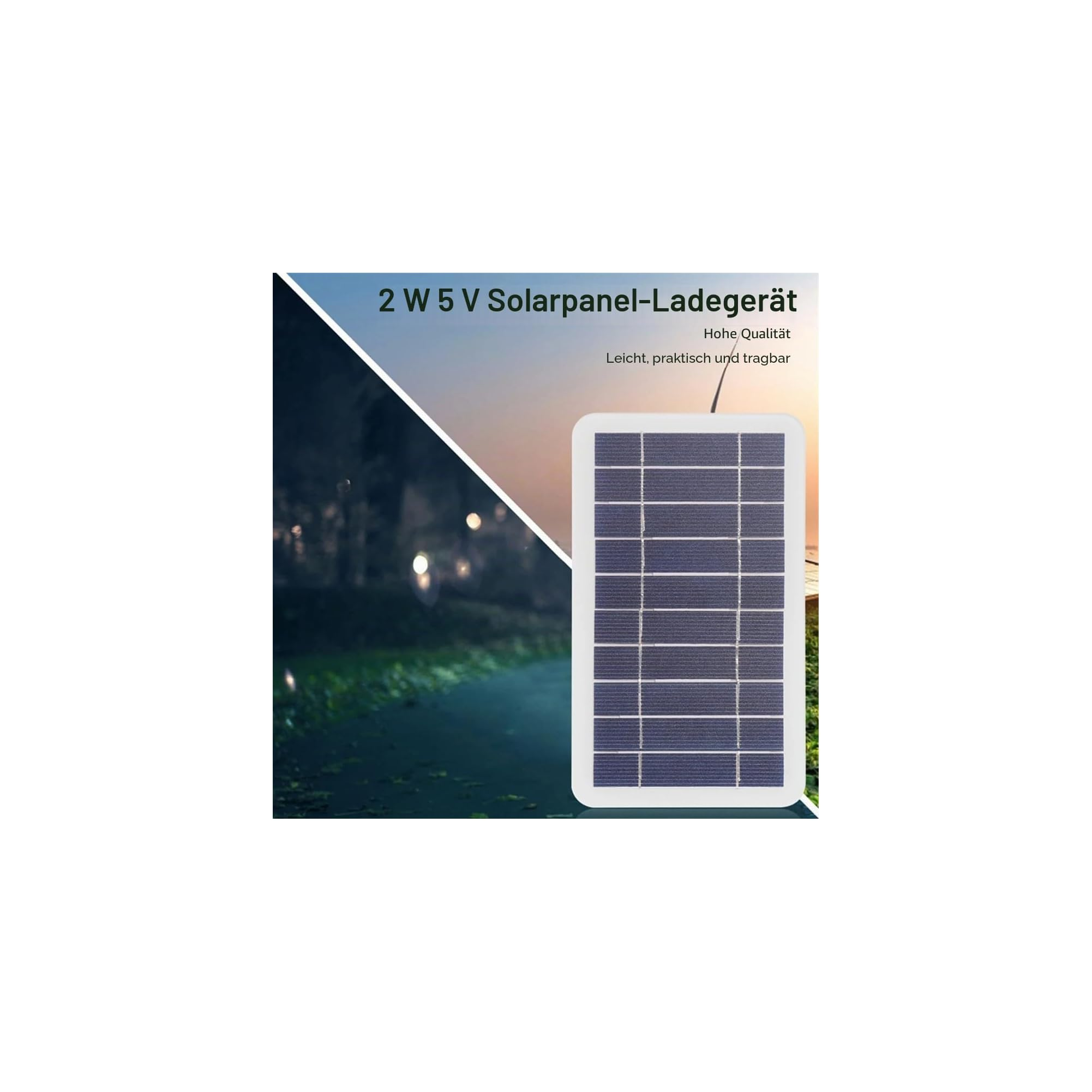 Ein kleines Solarpanel-Ladegerät vor einer abendlichen Landschaft mit deutschem Werbetext.