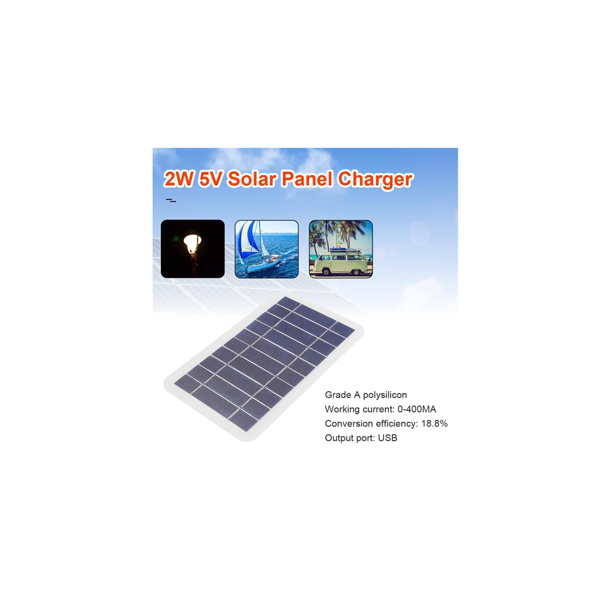 Eine 2W 5V Solarpanel-Ladegerät-Werbung mit Spezifikationen und kleinen Beispielbildern.