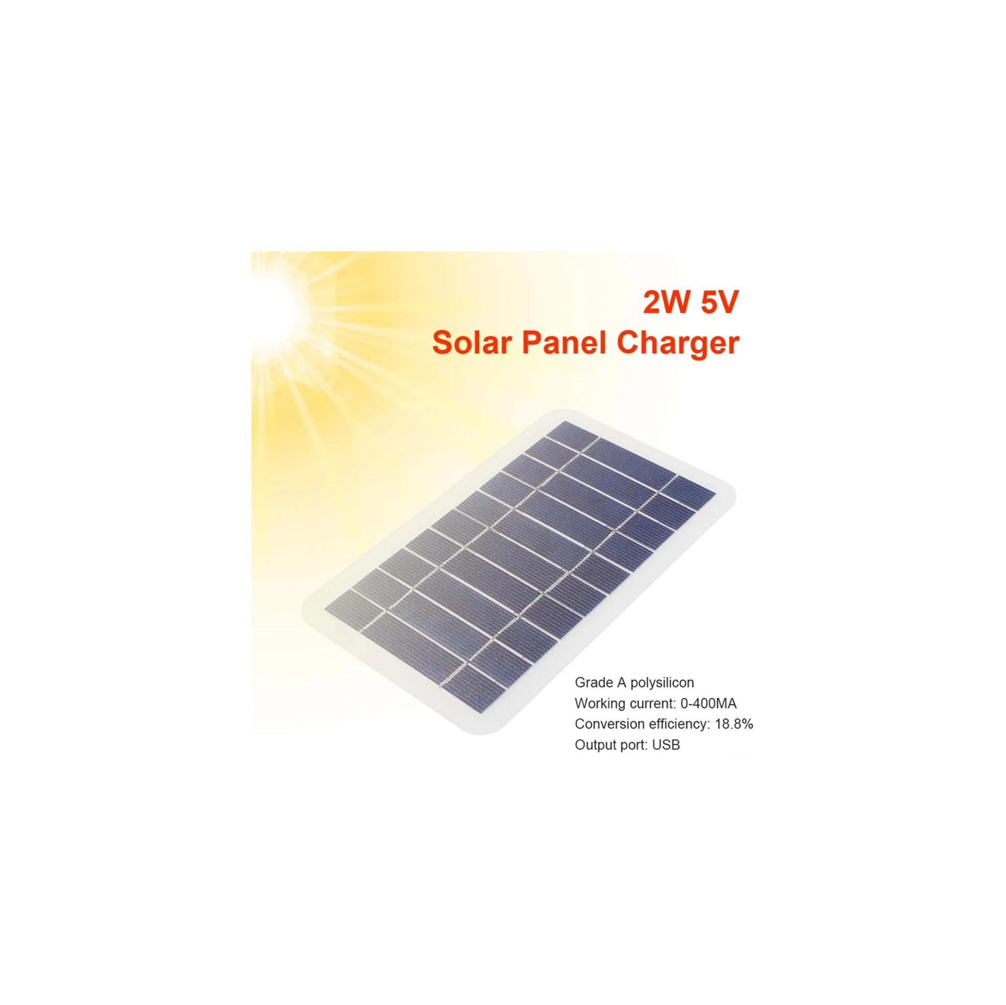 Ein 2W 5V Solarladegerät unter Sonnenlicht mit technischen Daten.
