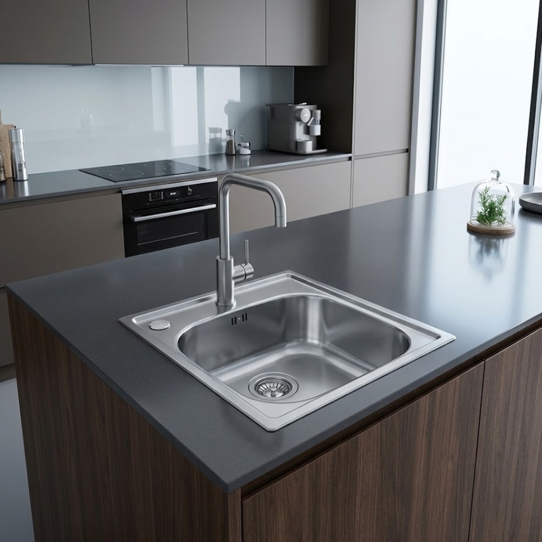 Moderna isola cucina con lavello in acciaio inossidabile, rubinetto e piano scuro.