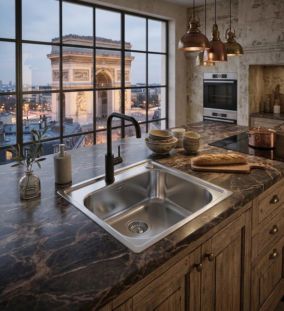 Cucina moderna con piano in marmo scuro, lavello e grande finestra con vista sull'Arco di Trionfo.