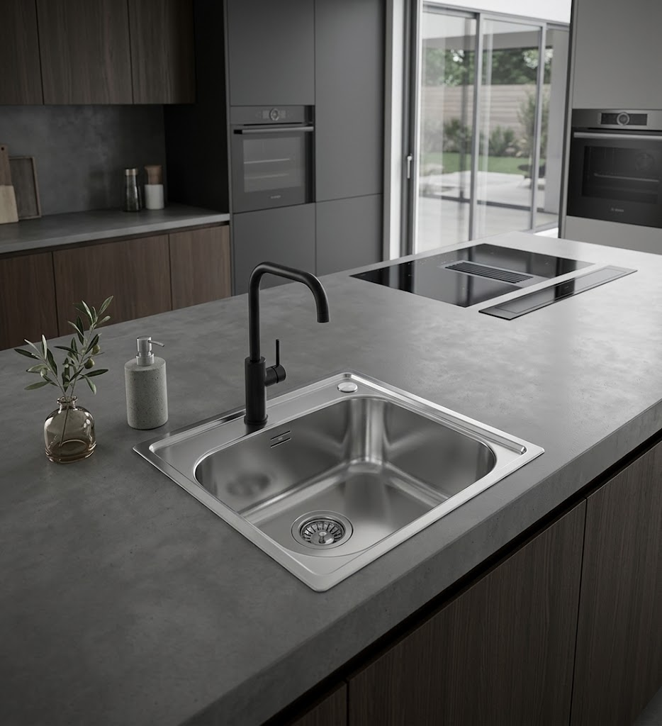 Cucina moderna con lavello in acciaio inox, rubinetto nero e piano in marmo grigio.