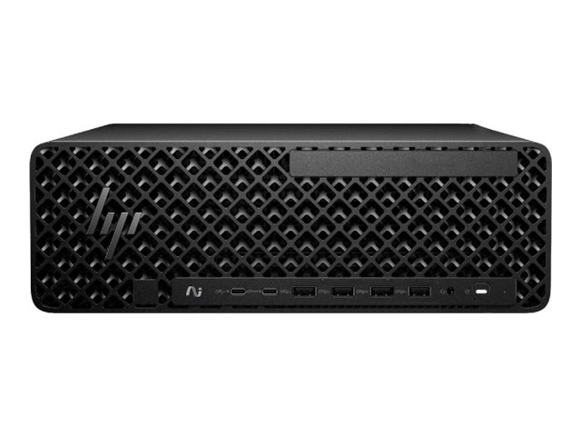 Computadora de escritorio HP negra con una rejilla de malla en patrón de diamante y varios puertos USB frontales.