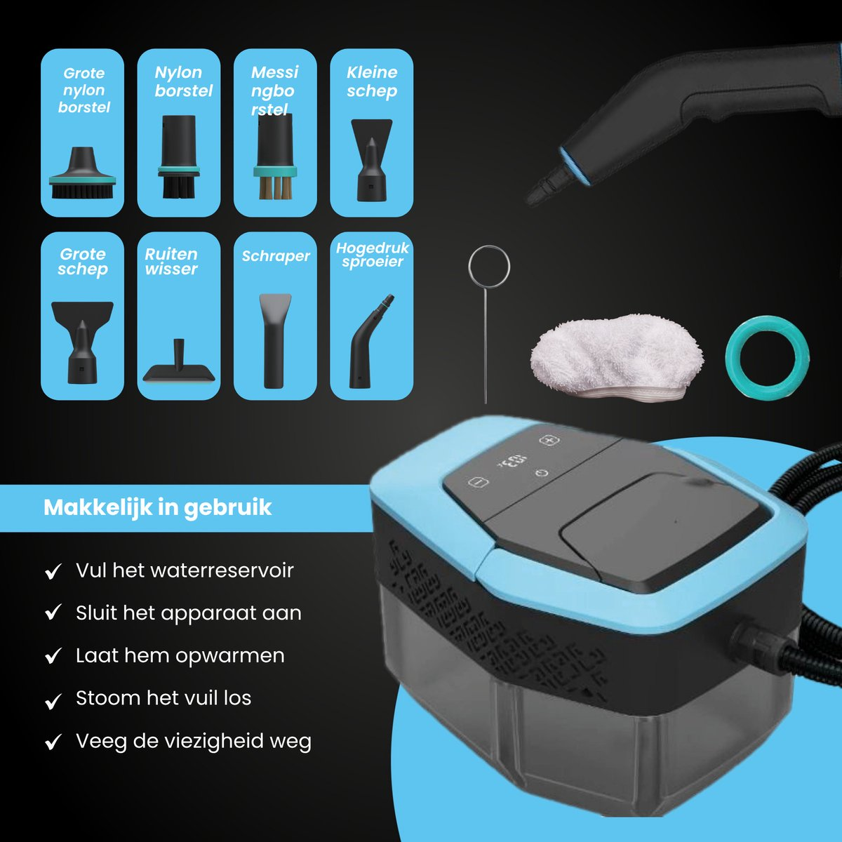 Dispositivo di pulizia a vapore blu con accessori e passaggi.
