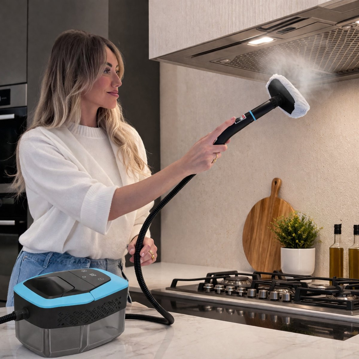 Donna pulisce la cappa aspirante con un pulitore a vapore in una cucina moderna.