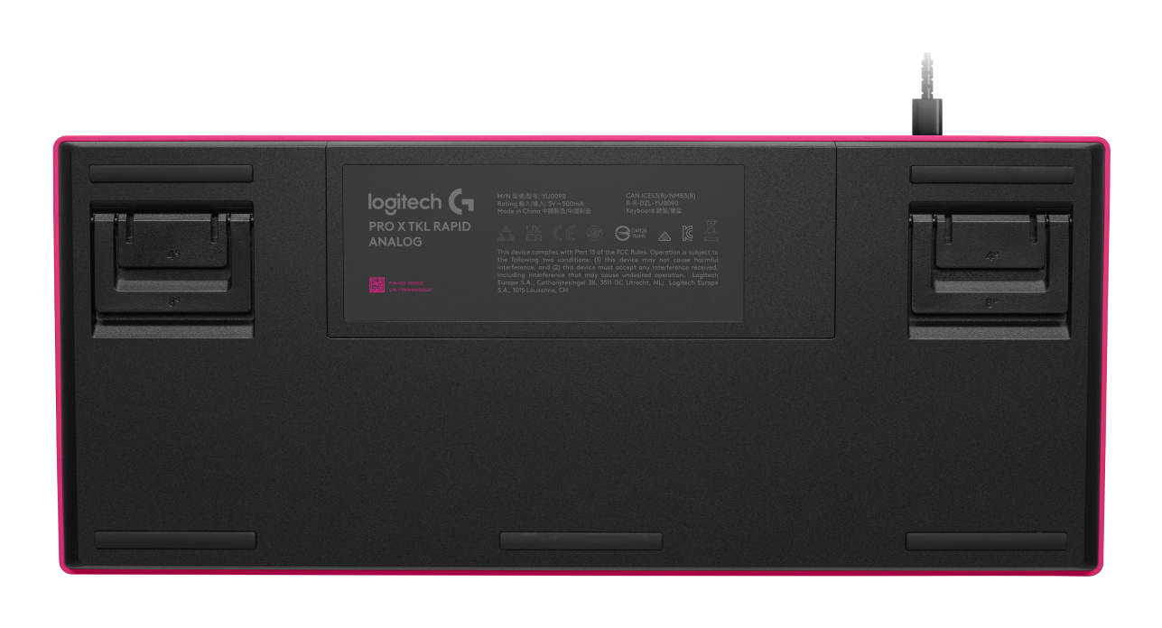 Bottom view of a black Logitech keyboard with a pink border, foldable feet, and product information labels.