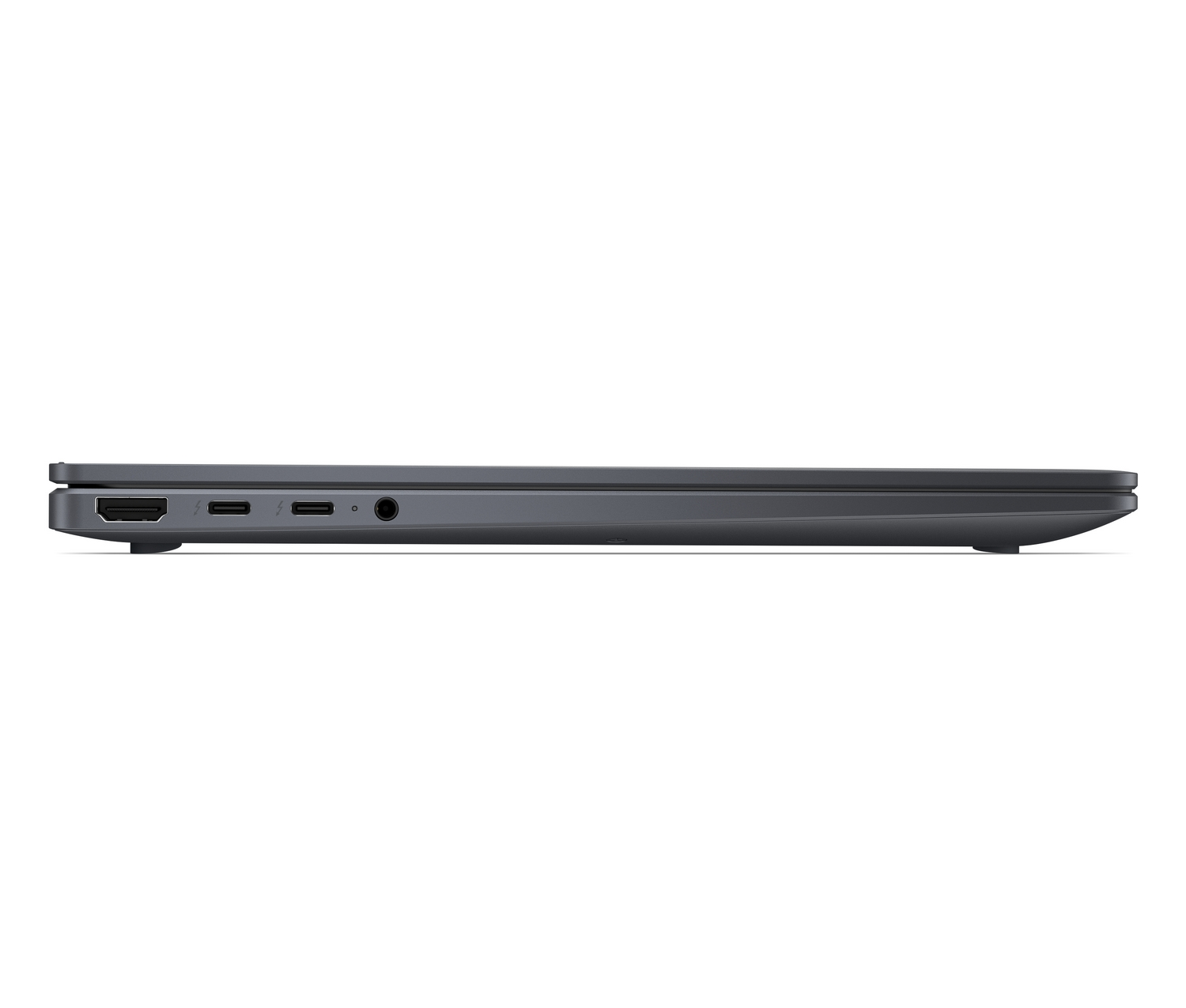 Profilo laterale sinistro di un laptop grigio scuro con porta HDMI, due porte USB-C e jack audio.