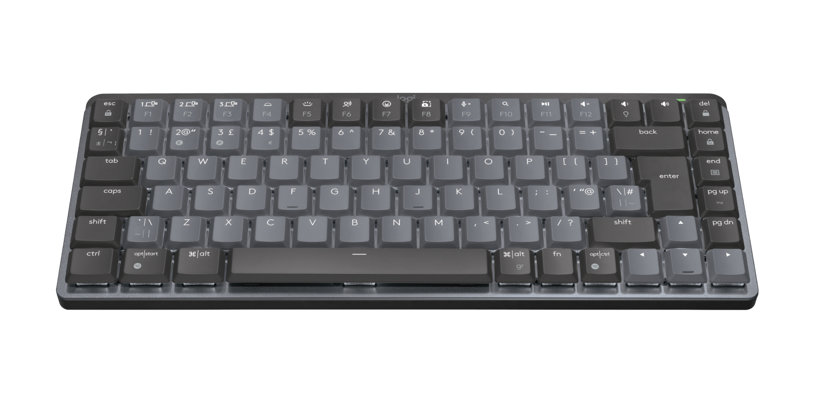 Una tastiera wireless Logitech grigia e compatta con tasti scuri e chiari.