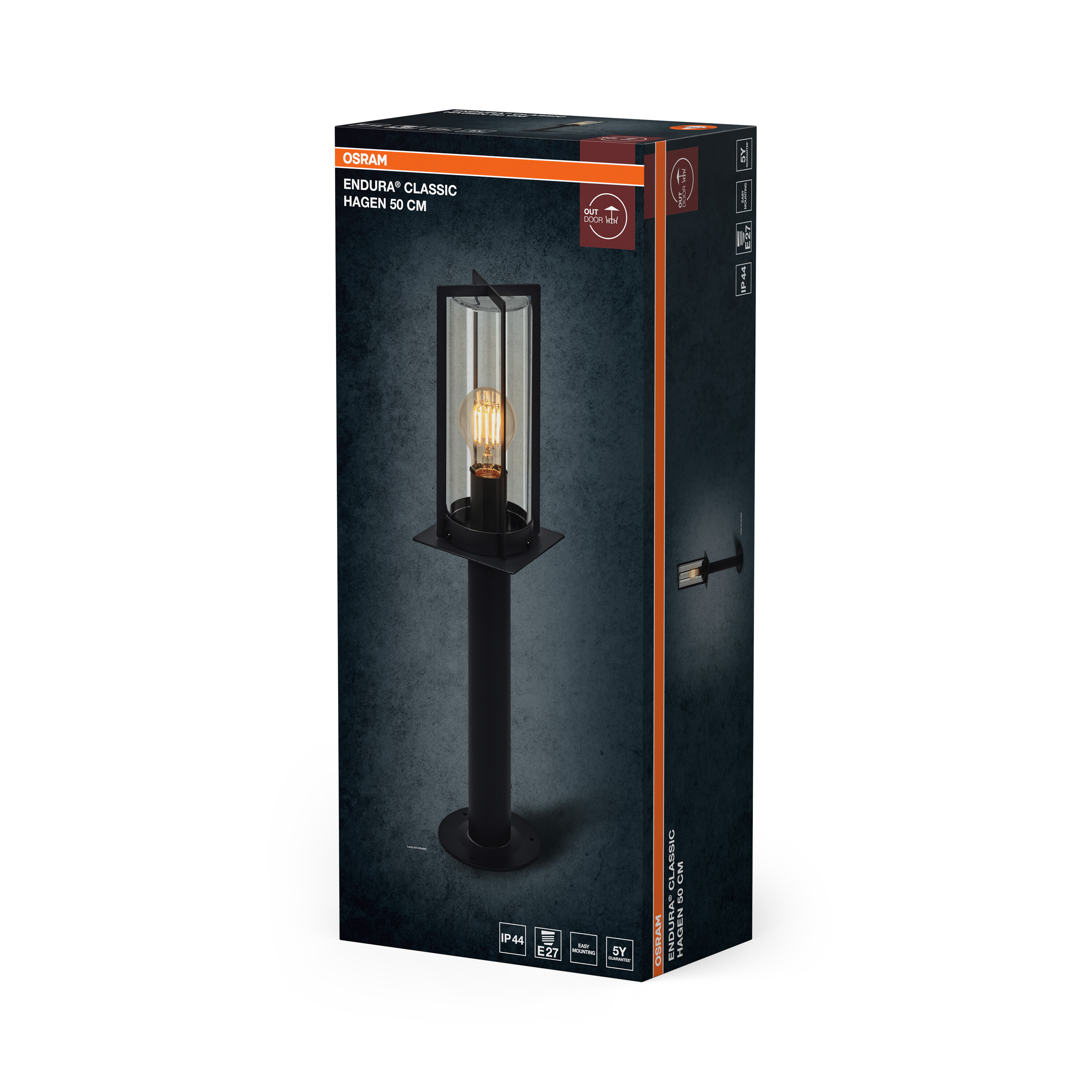 Verpackungskarton für eine schwarze OSRAM Endura Classic Hagen 50 cm Wegeleuchte mit sichtbarer Glühbirne.