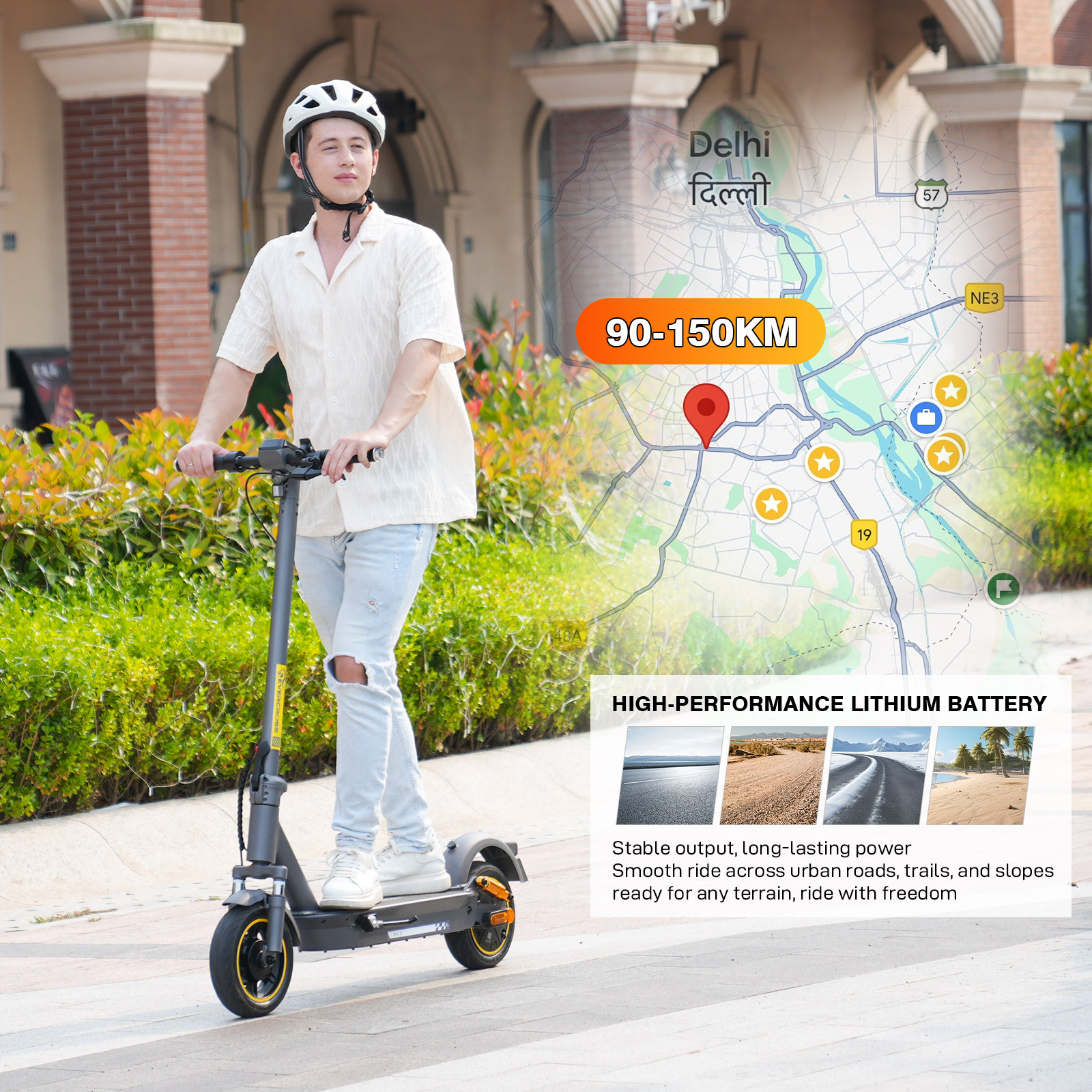 Un jeune homme en trottinette électrique près d'espaces verts, avec une carte de Delhi et les détails de la batterie en fond.