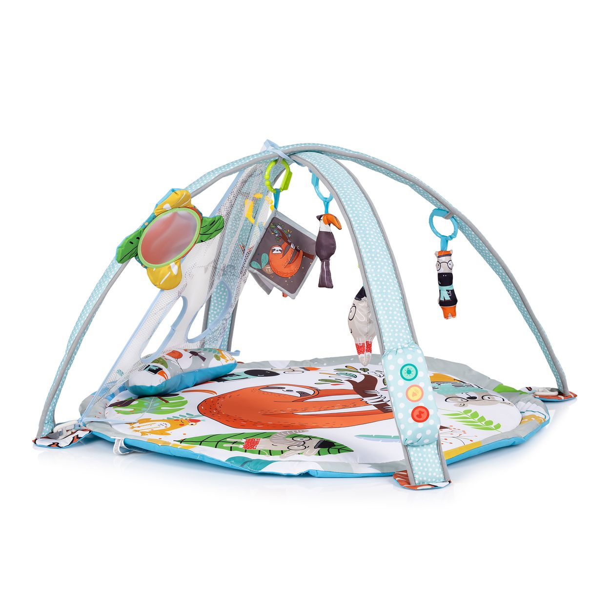 Buntes Baby-Spielkissen mit Hängefiguren und Spielbogen.