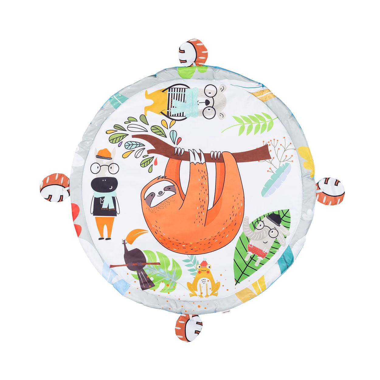 Runde Babyspielmatte mit Tiermotiven wie Faultier und Elefant auf weißem Grund.